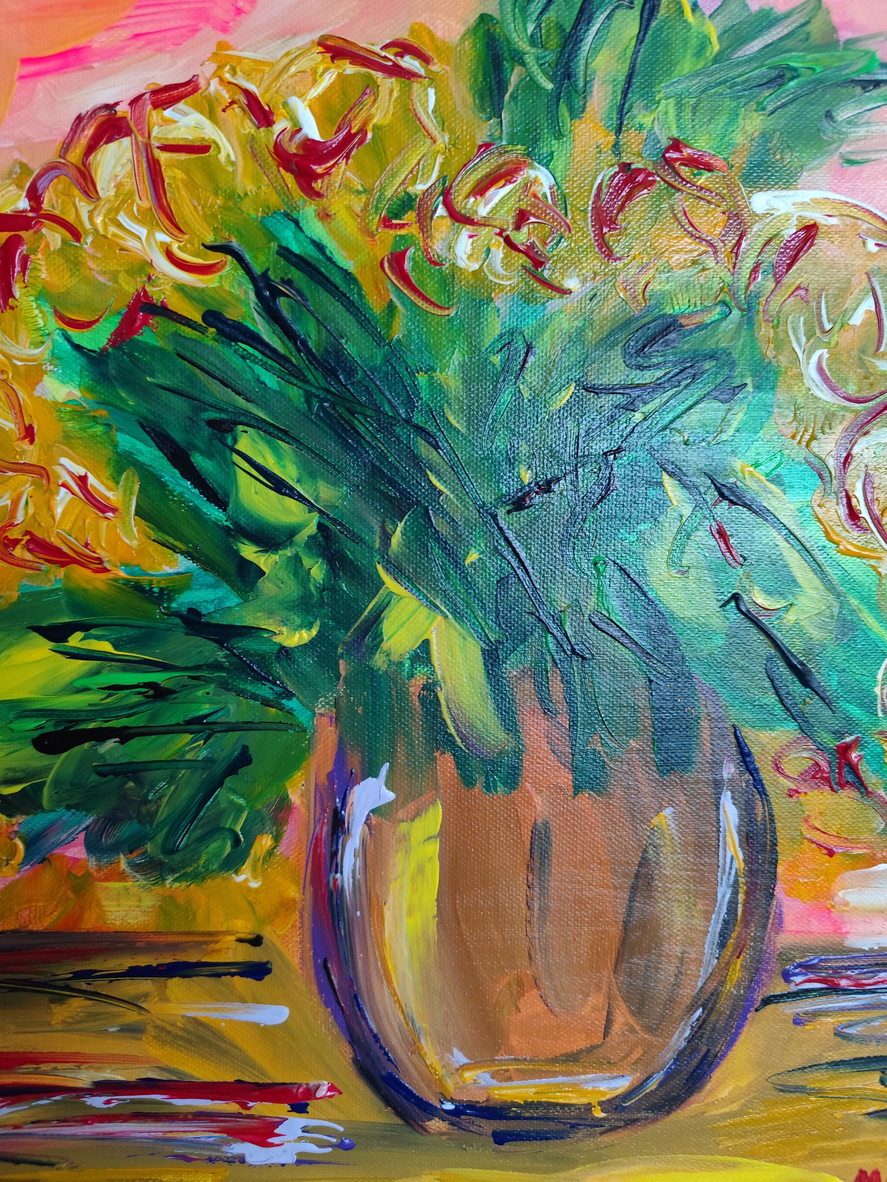 Pintura acrílica floral abstracta contemporánea sobre lienzo 