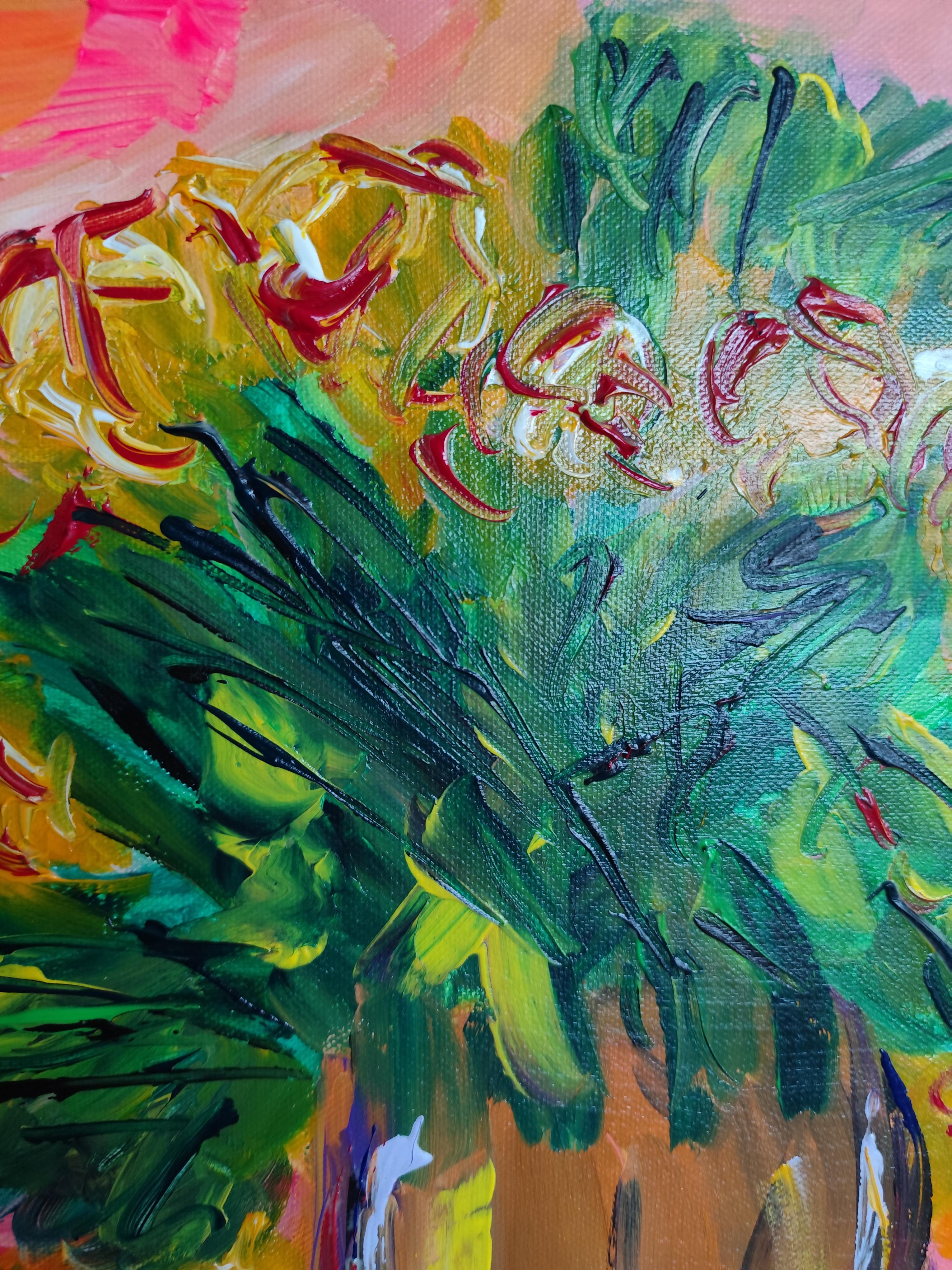 Pintura acrílica floral abstracta contemporánea sobre lienzo 