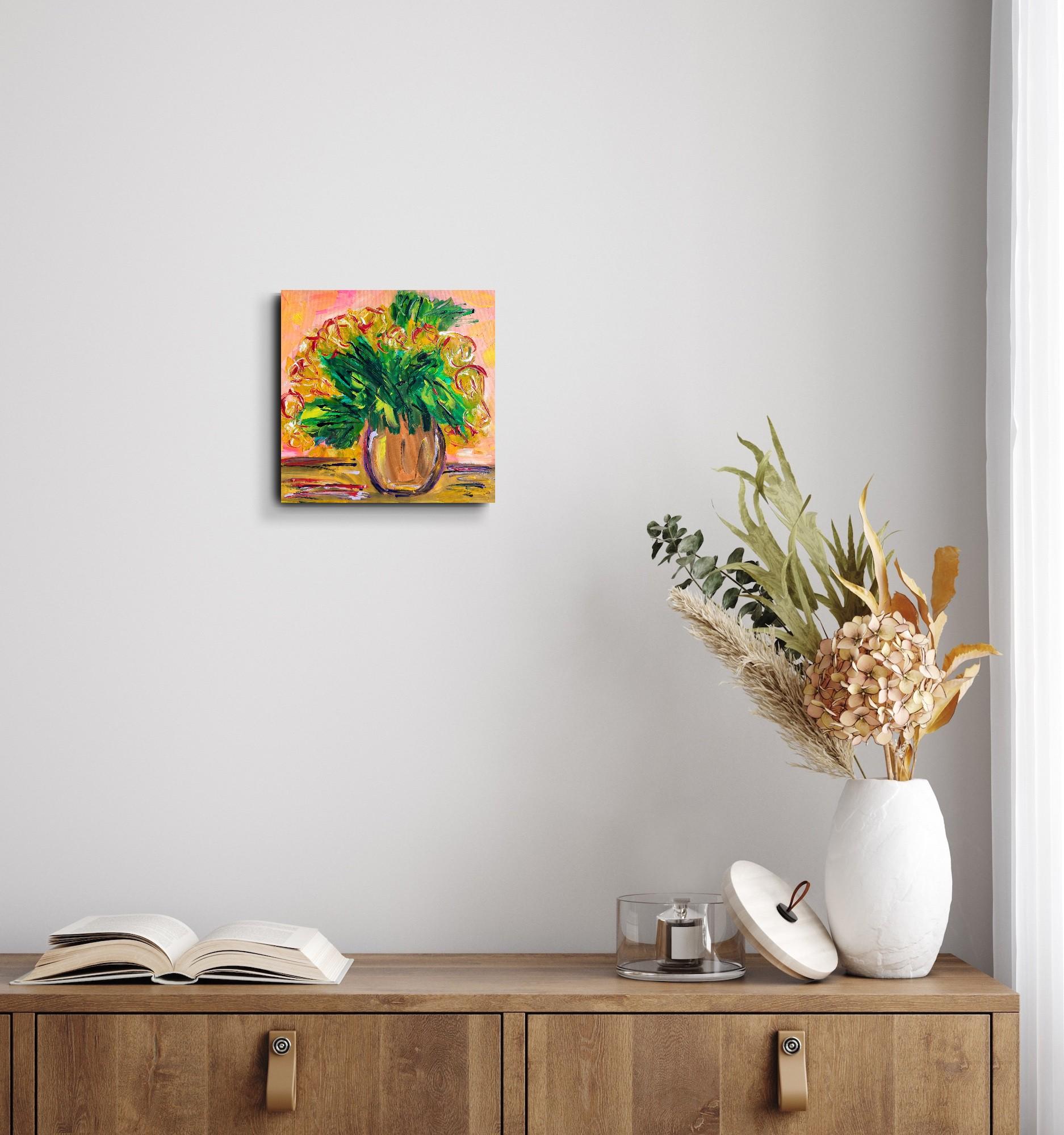 Pintura acrílica floral abstracta contemporánea sobre lienzo 