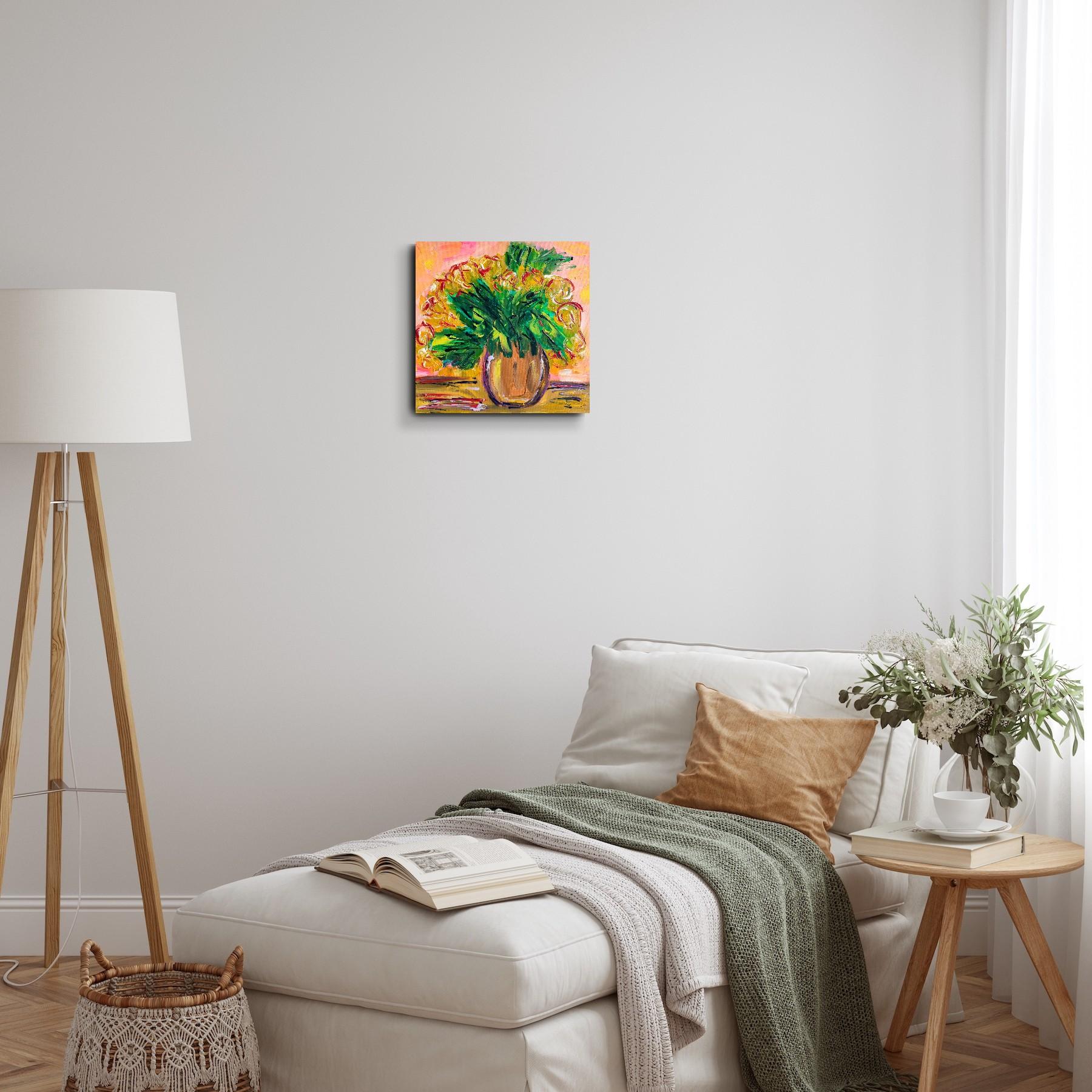 Pintura acrílica floral abstracta contemporánea sobre lienzo 