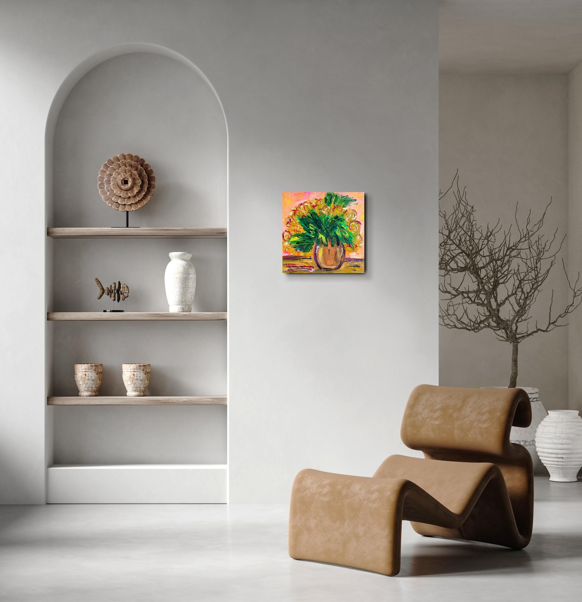 Pintura acrílica floral abstracta contemporánea sobre lienzo 