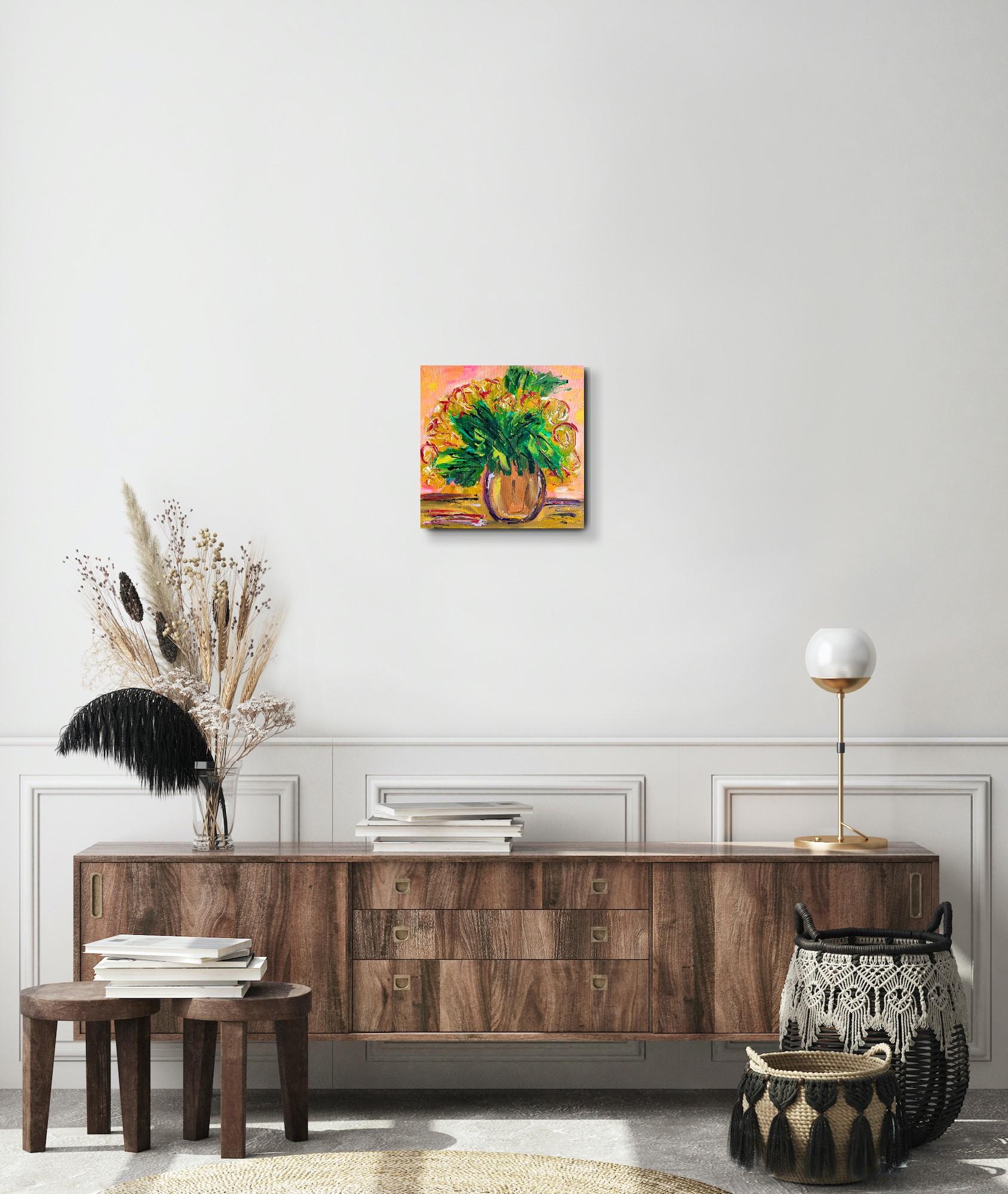 Pintura acrílica floral abstracta contemporánea sobre lienzo 