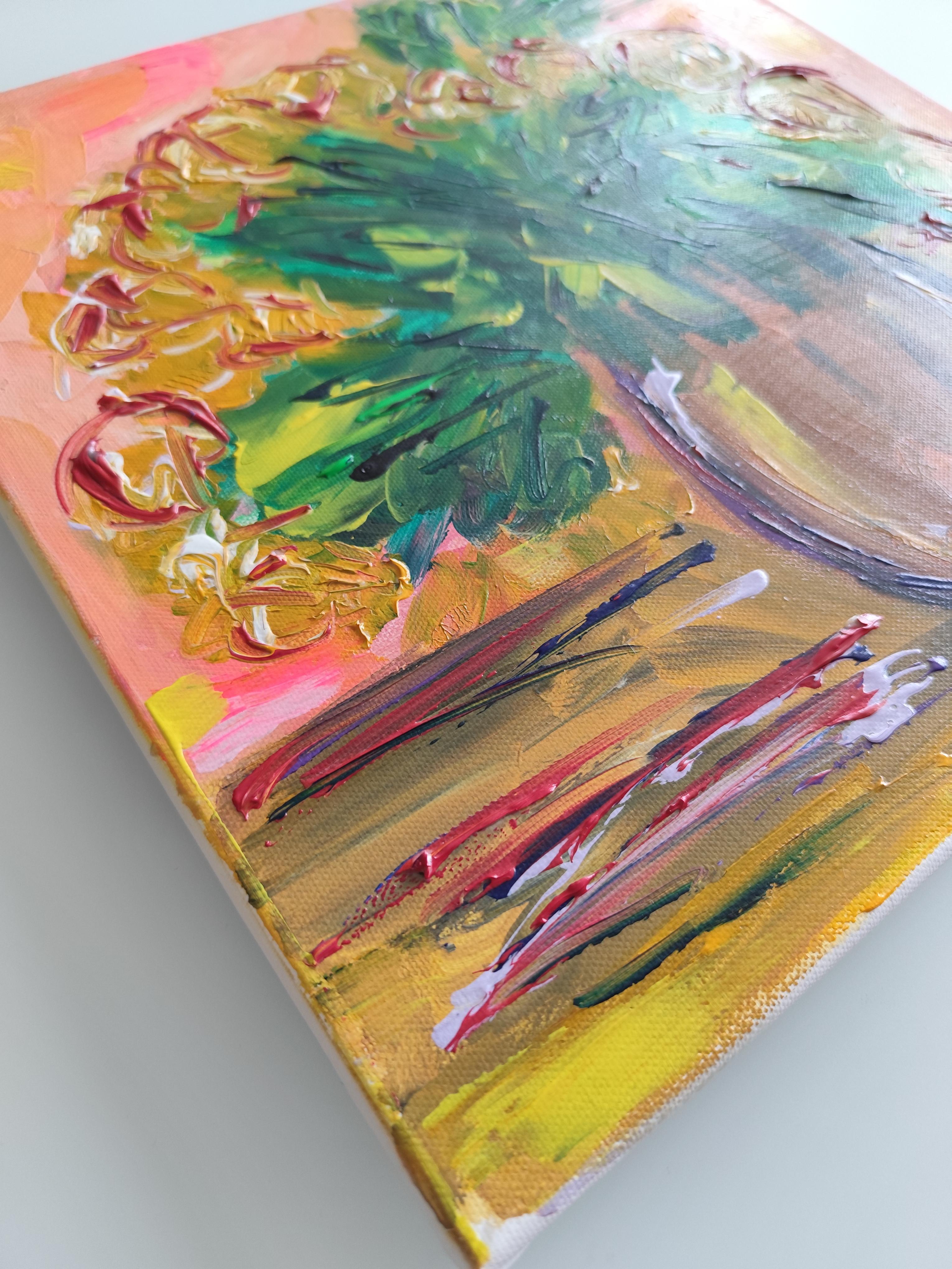 Pintura acrílica floral abstracta contemporánea sobre lienzo 