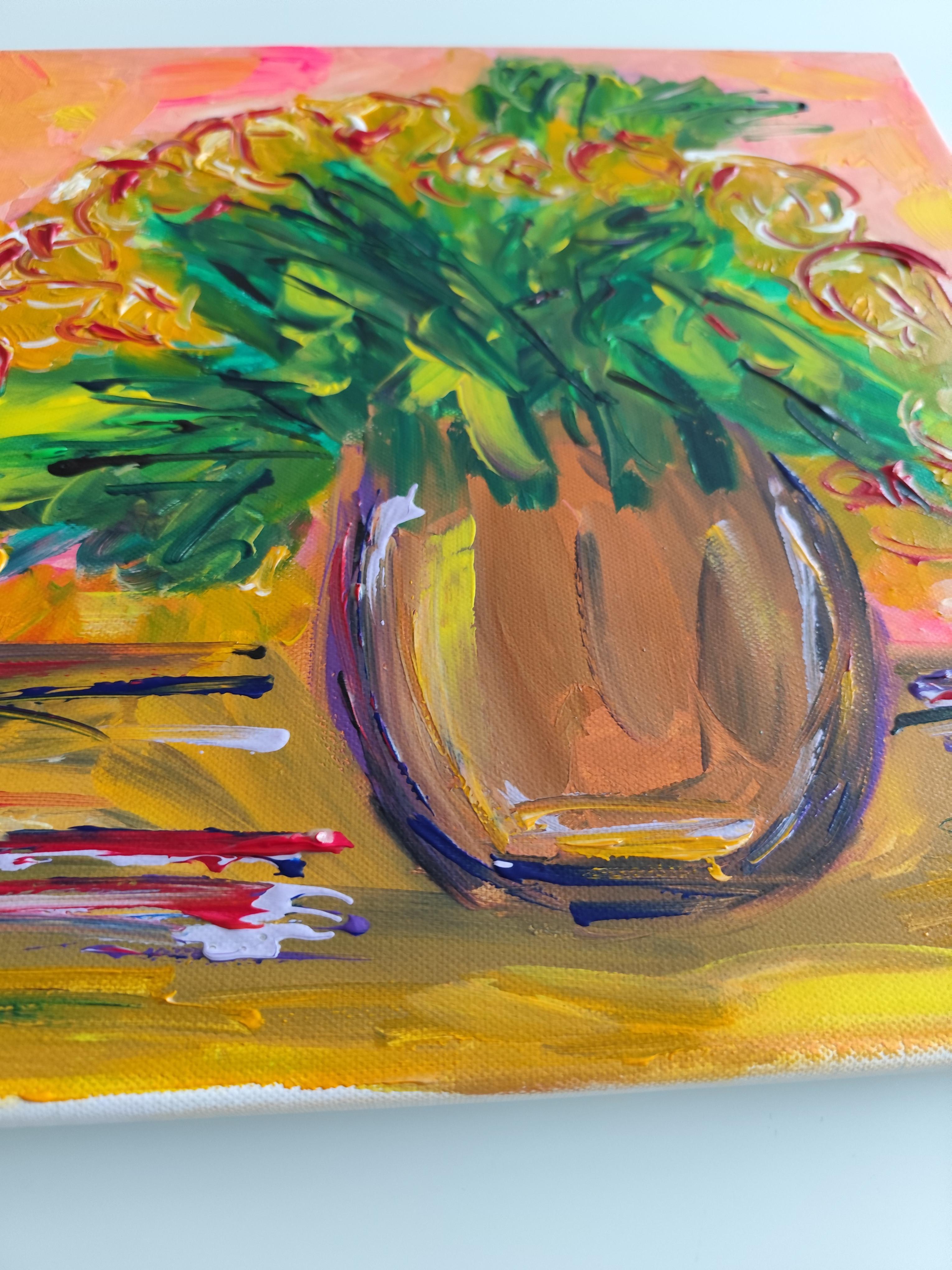 Pintura acrílica floral abstracta contemporánea sobre lienzo 