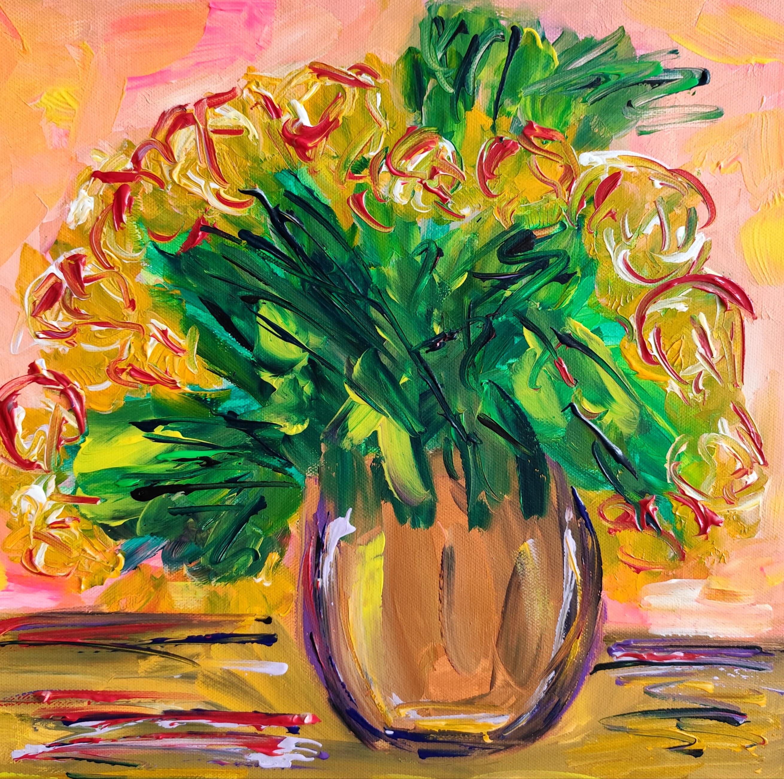 Quadro astratto contemporaneo floreale in acrilico su tela "Blooming in sunshine" (fioritura al sole)