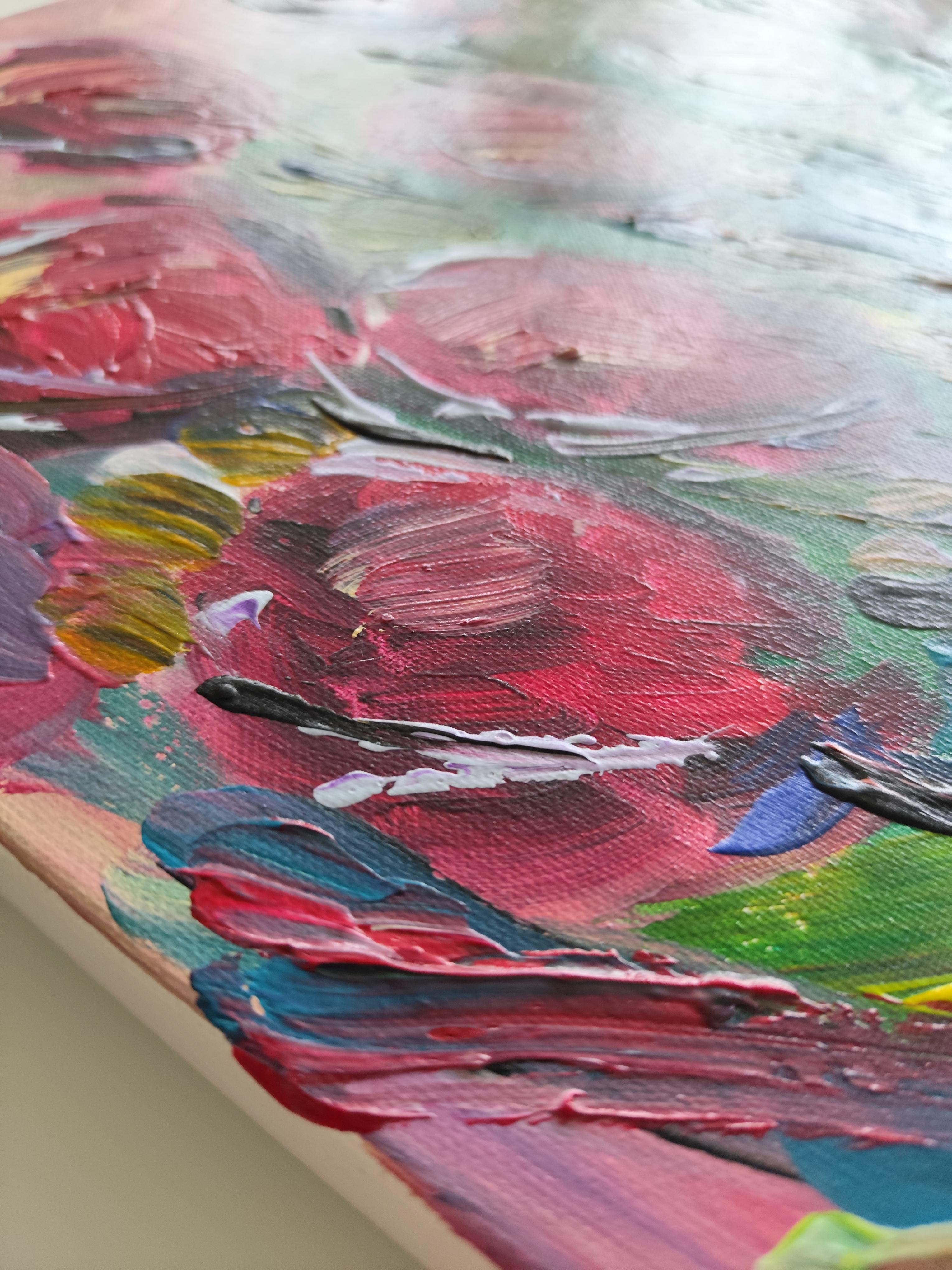 Pintura acrílica floral abstracta contemporánea sobre lienzo 