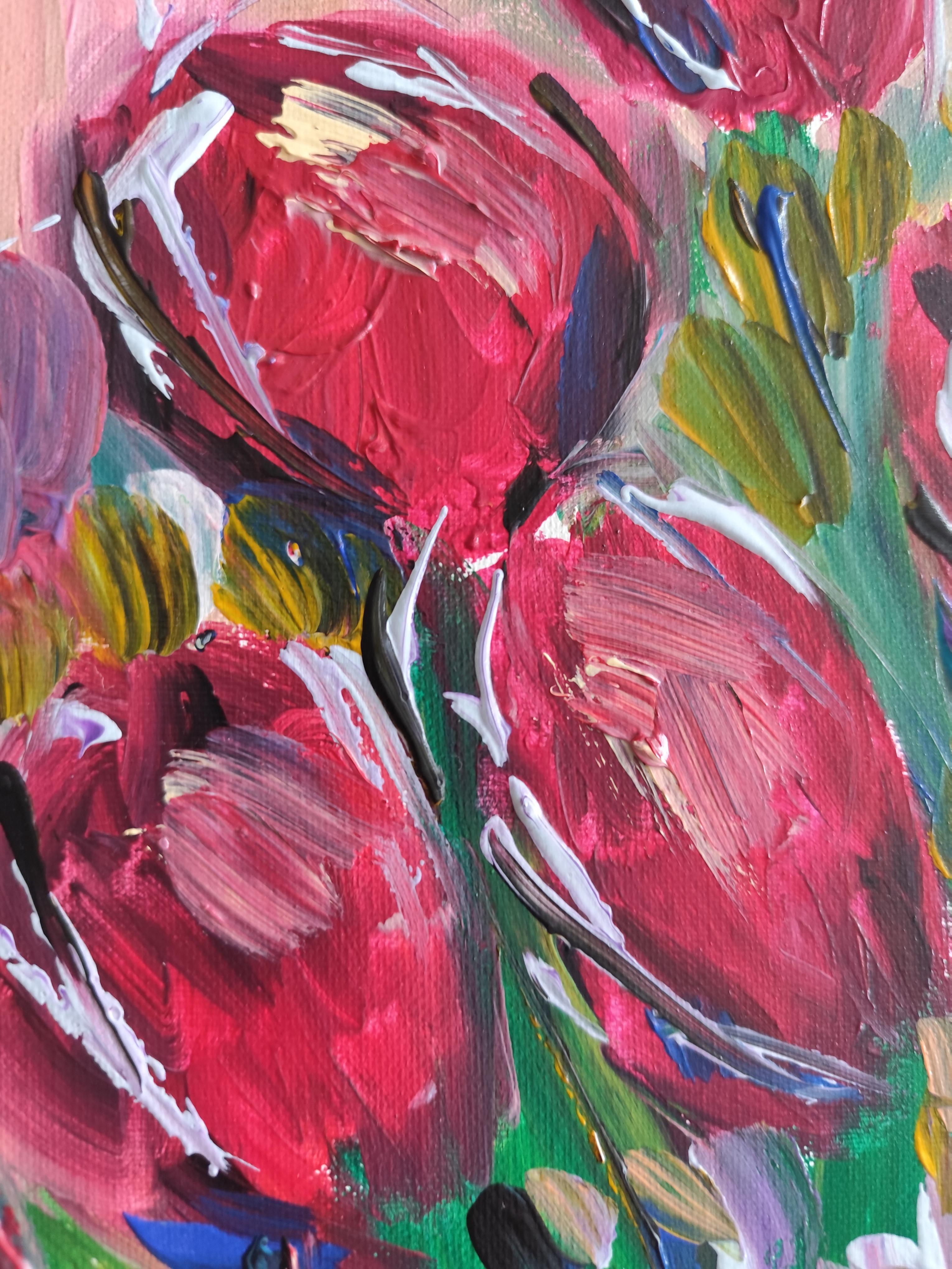 Pintura acrílica floral abstracta contemporánea sobre lienzo 
