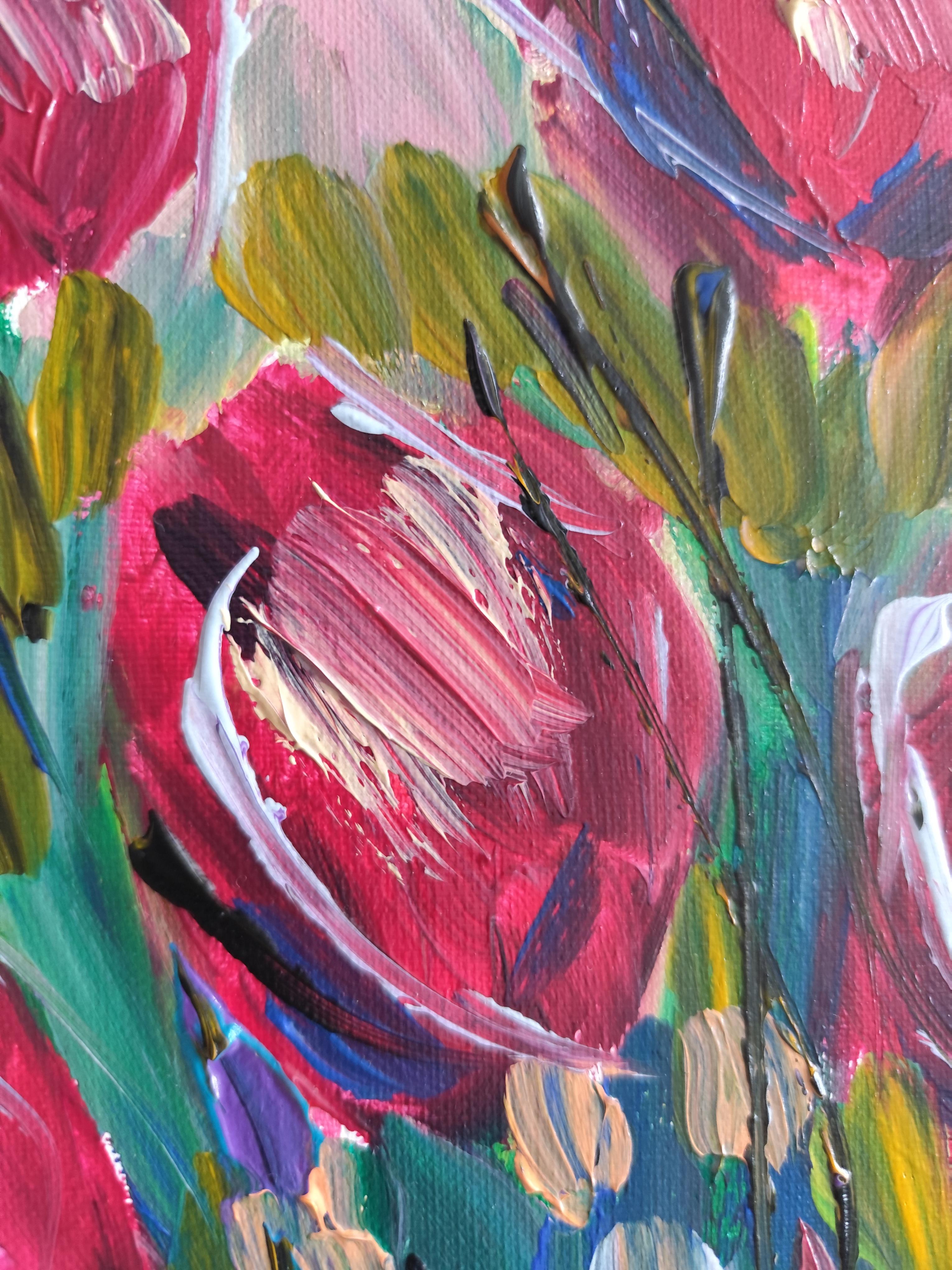 Pintura acrílica floral abstracta contemporánea sobre lienzo 