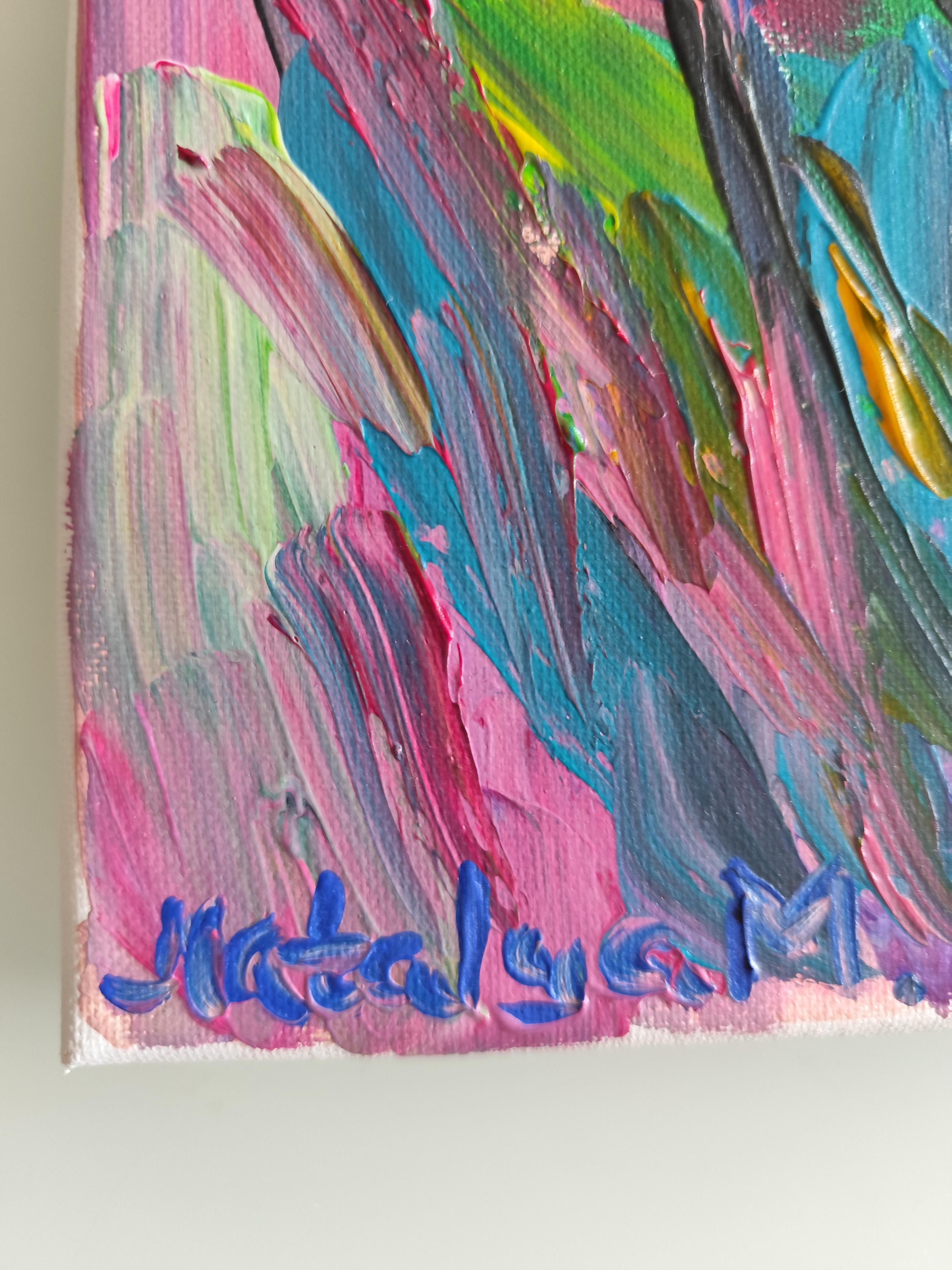 Pintura acrílica floral abstracta contemporánea sobre lienzo 