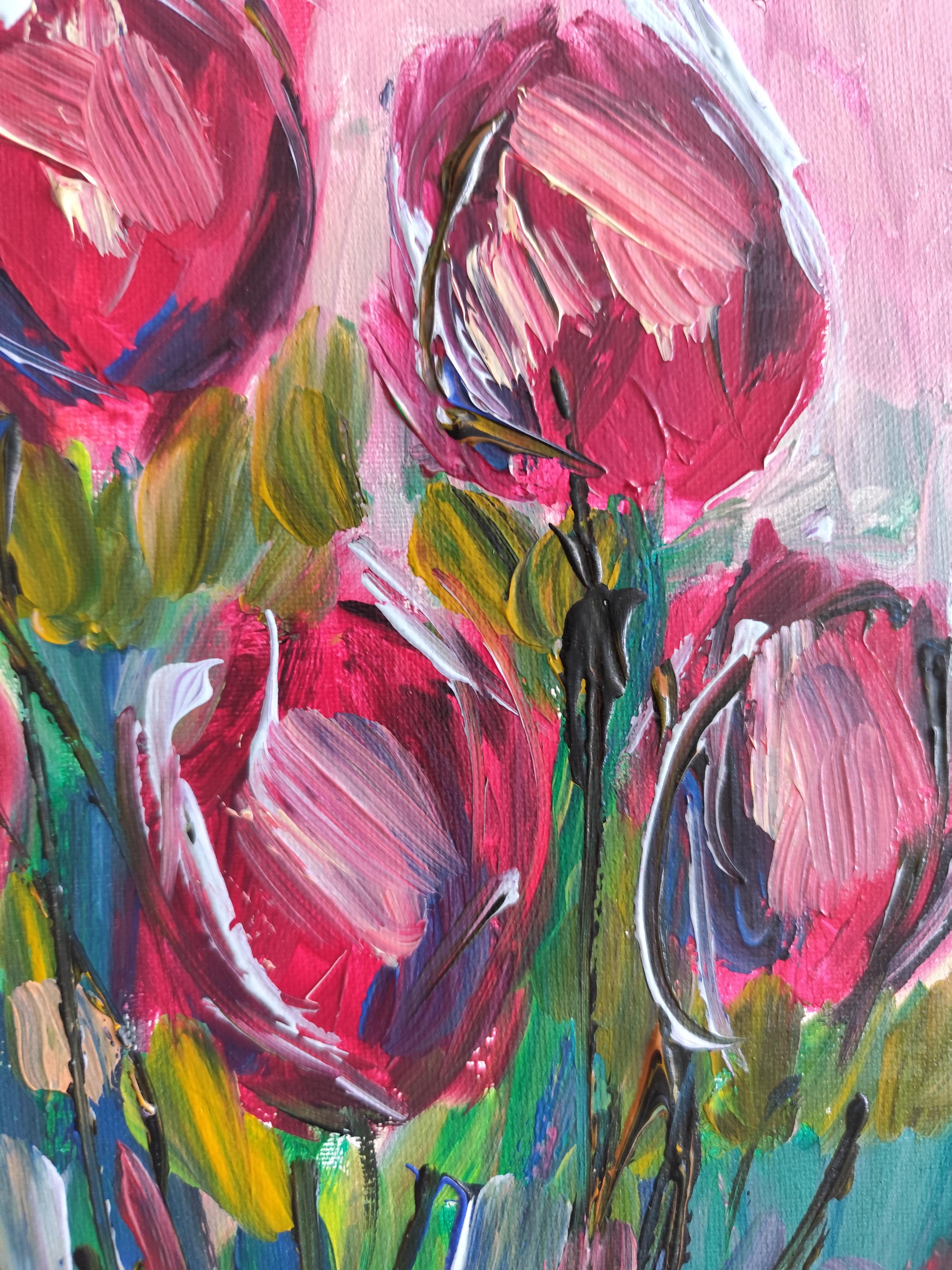 Pintura acrílica floral abstracta contemporánea sobre lienzo 