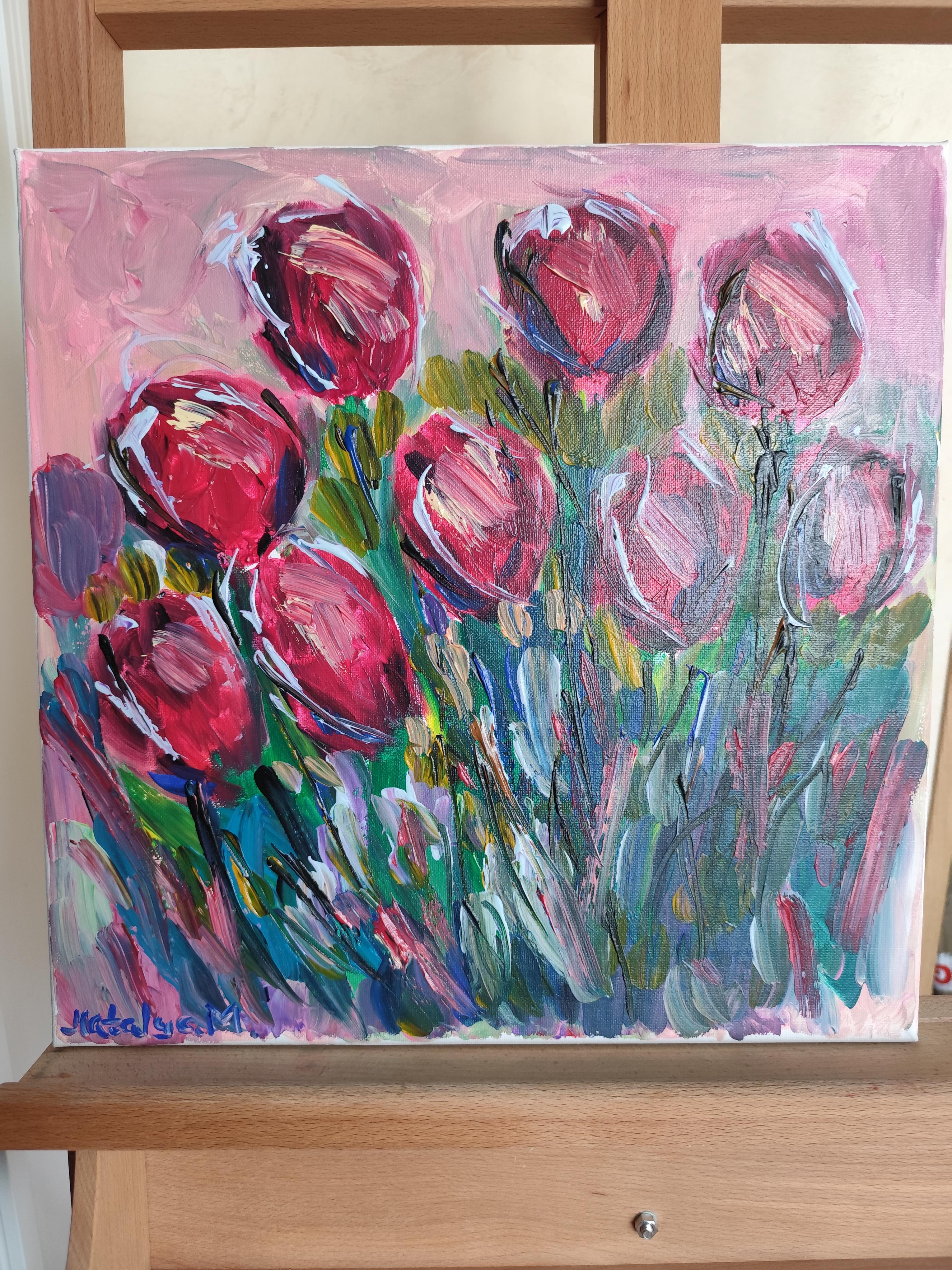 Pintura acrílica floral abstracta contemporánea sobre lienzo 