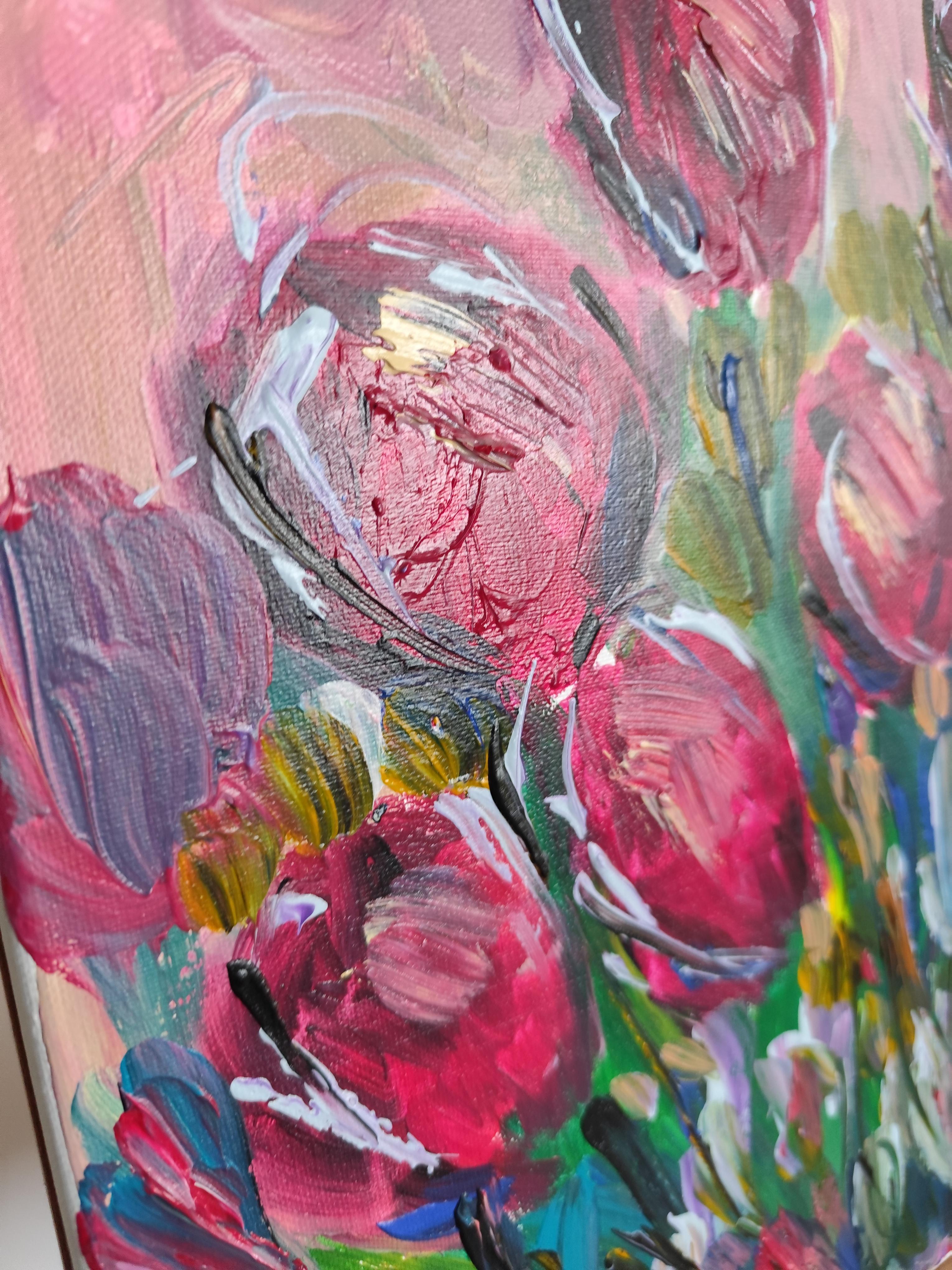 Pintura acrílica floral abstracta contemporánea sobre lienzo 