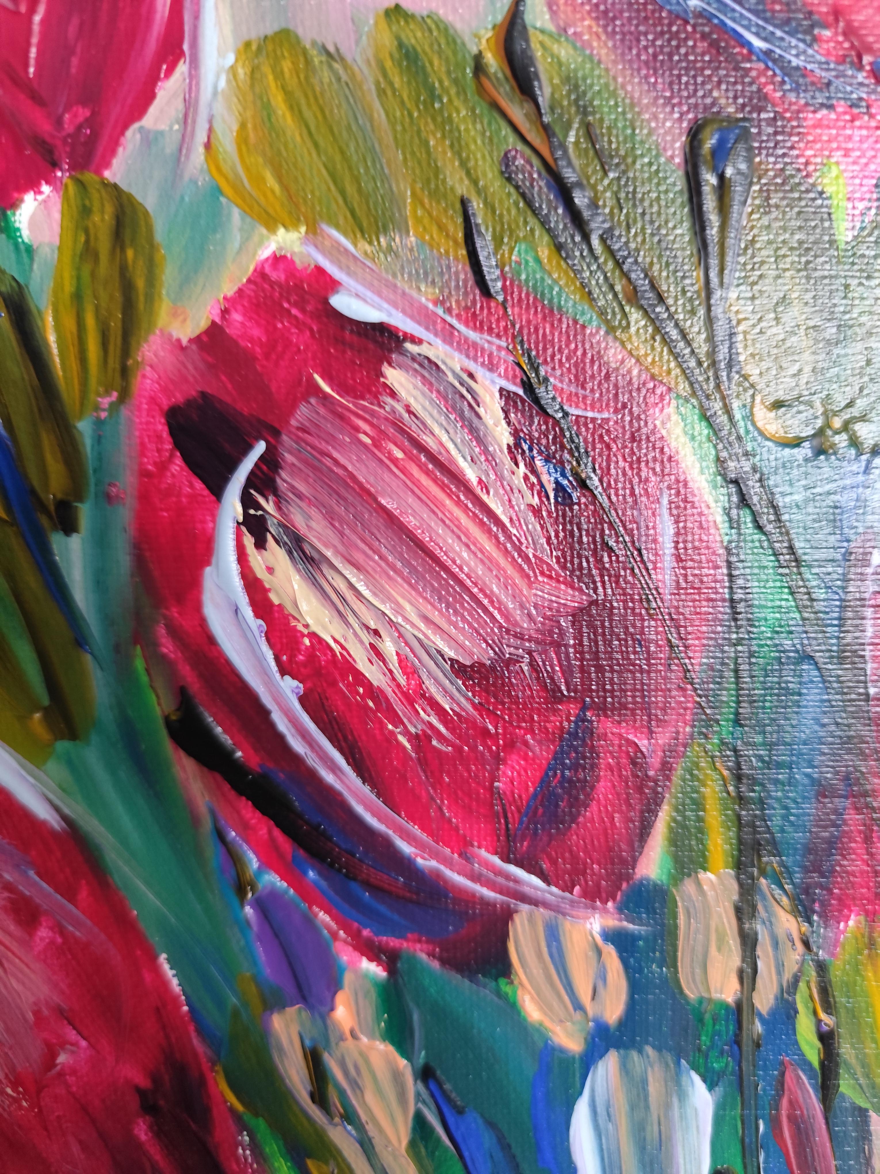 Pintura acrílica floral abstracta contemporánea sobre lienzo 