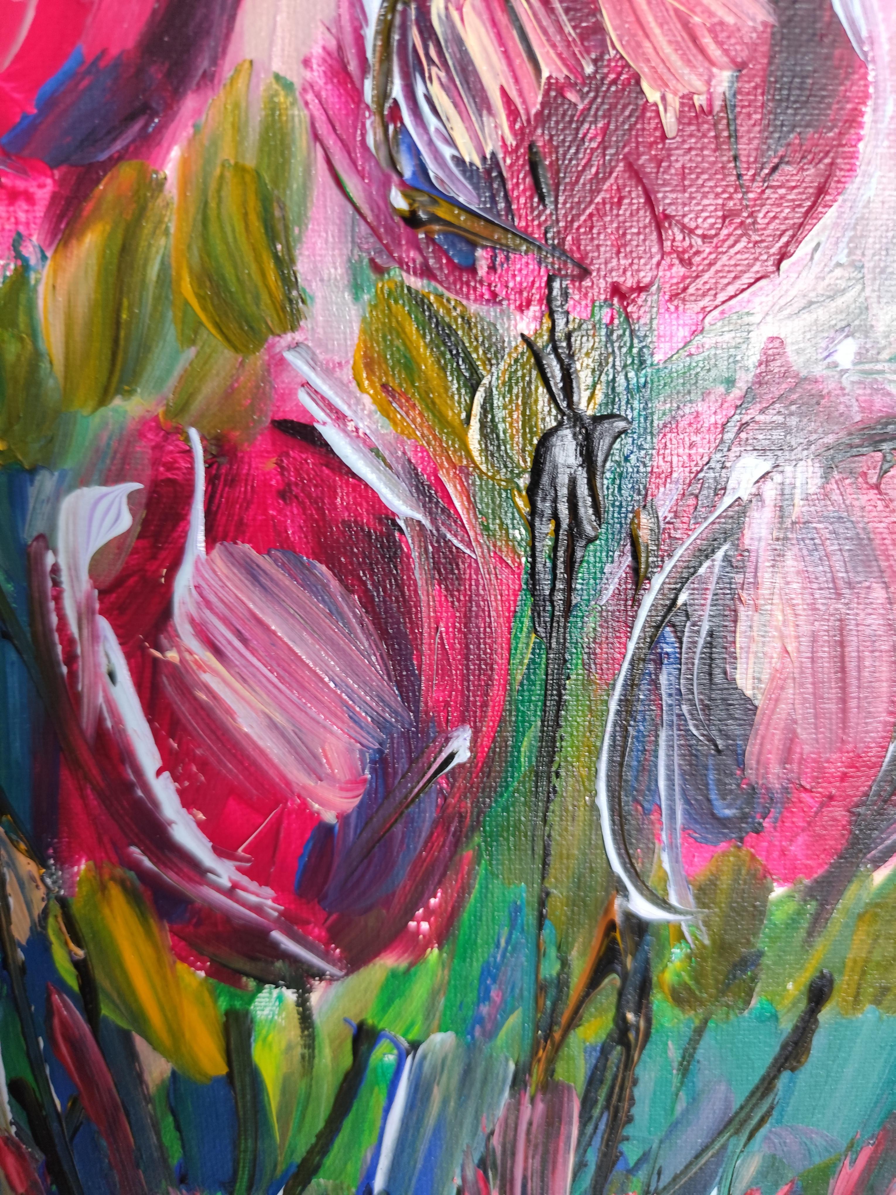 Pintura acrílica floral abstracta contemporánea sobre lienzo 