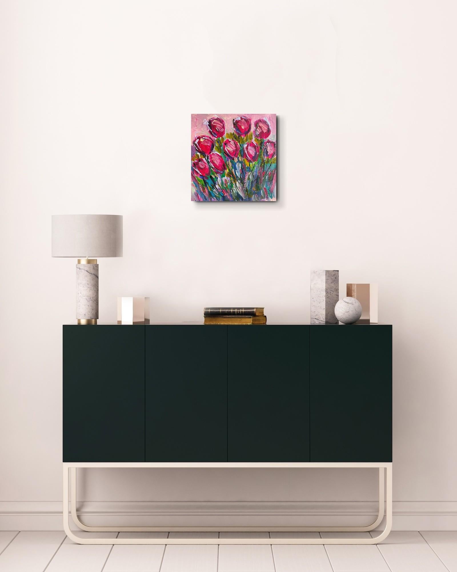 Pintura acrílica floral abstracta contemporánea sobre lienzo 