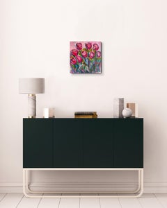 Contemporary abstract floral acrylic painting on canvas "Dance of red tulips"