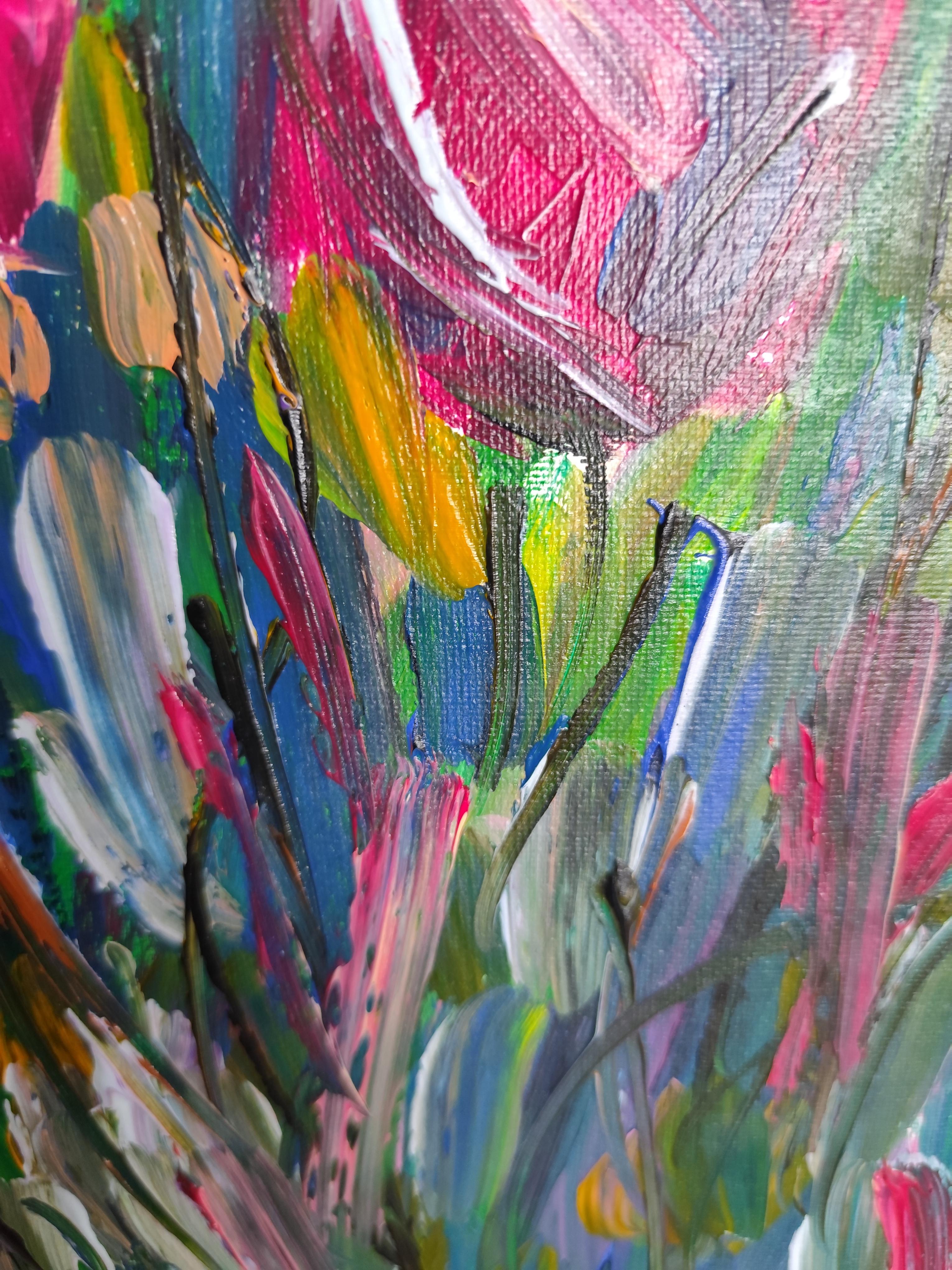 Pintura acrílica floral abstracta contemporánea sobre lienzo 