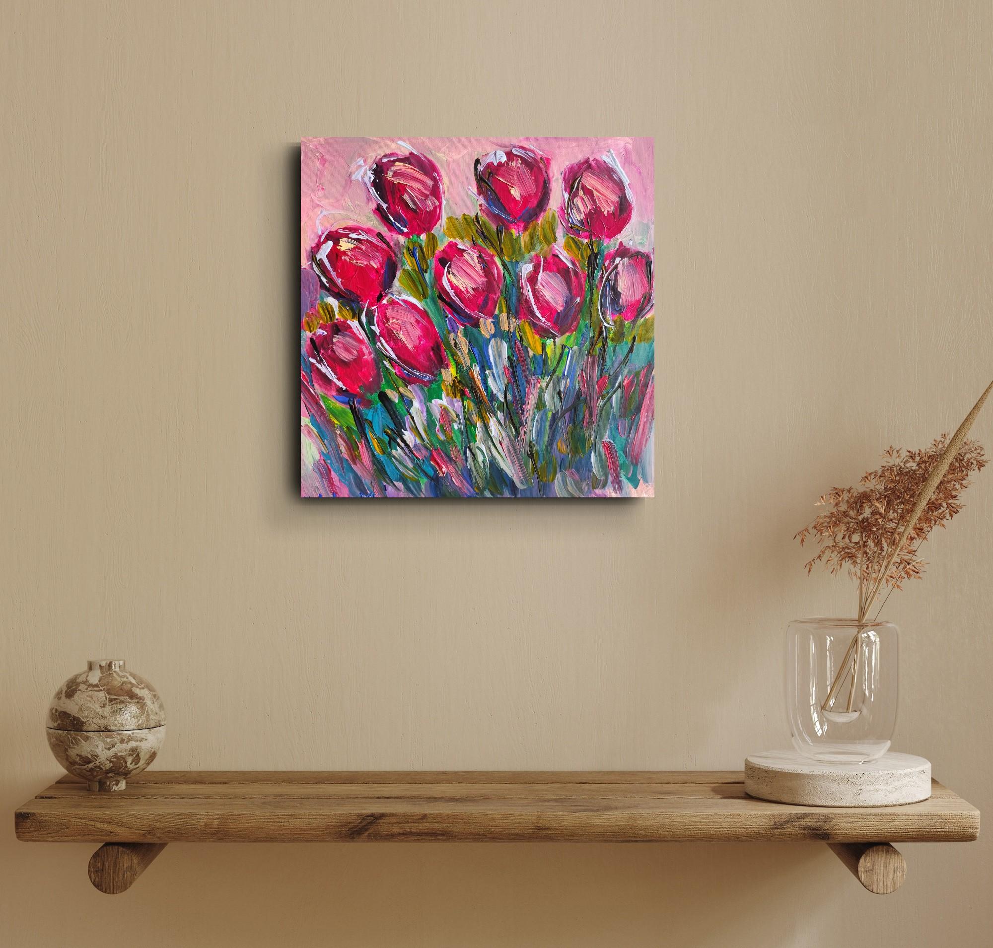 Pintura acrílica floral abstracta contemporánea sobre lienzo 