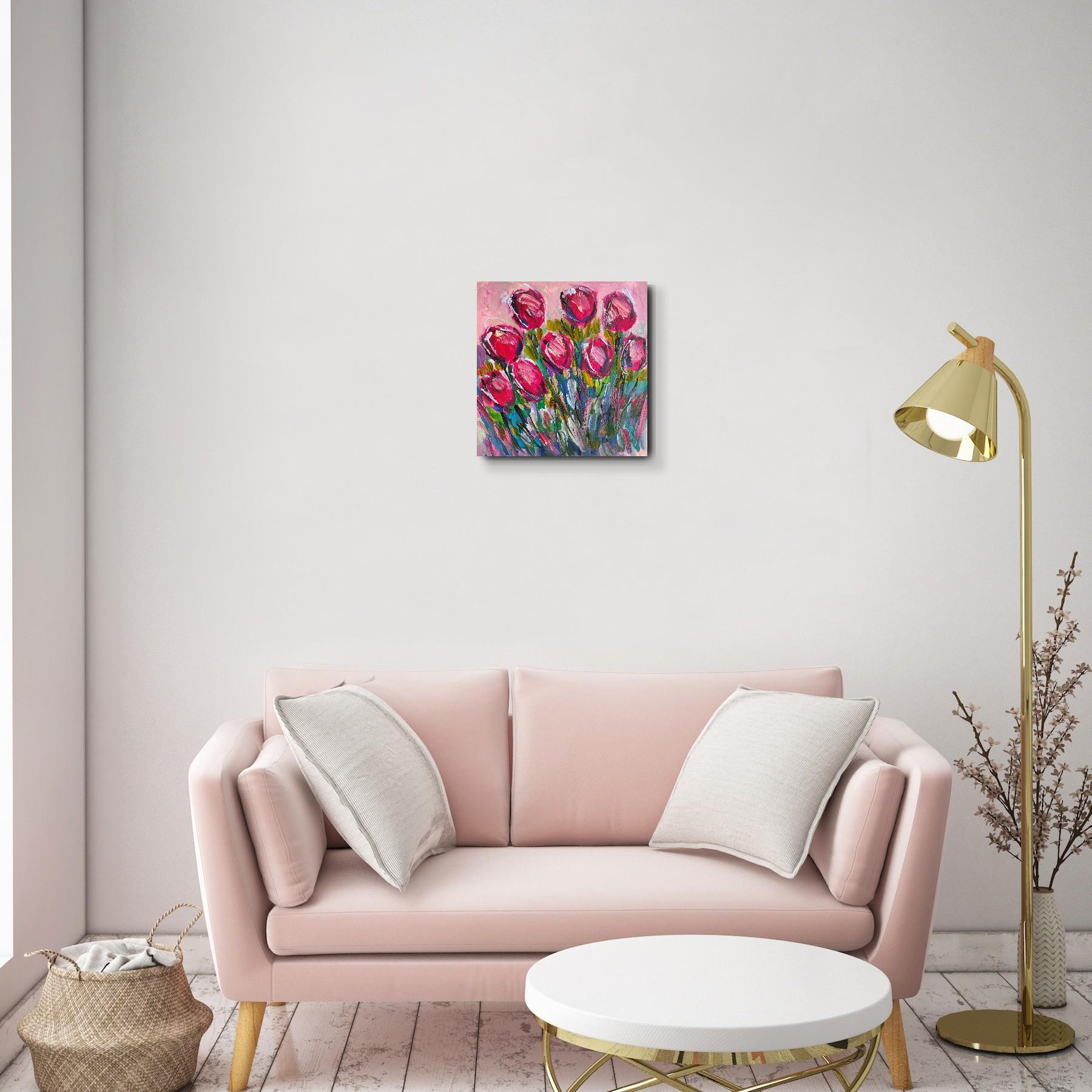 Pintura acrílica floral abstracta contemporánea sobre lienzo 