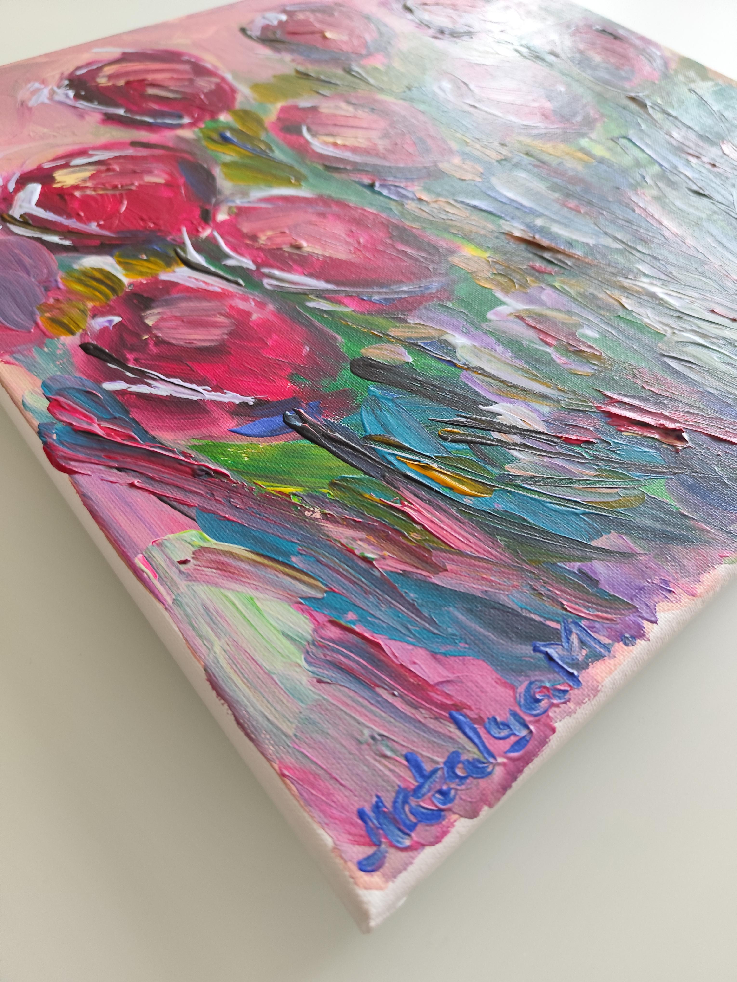 Pintura acrílica floral abstracta contemporánea sobre lienzo 