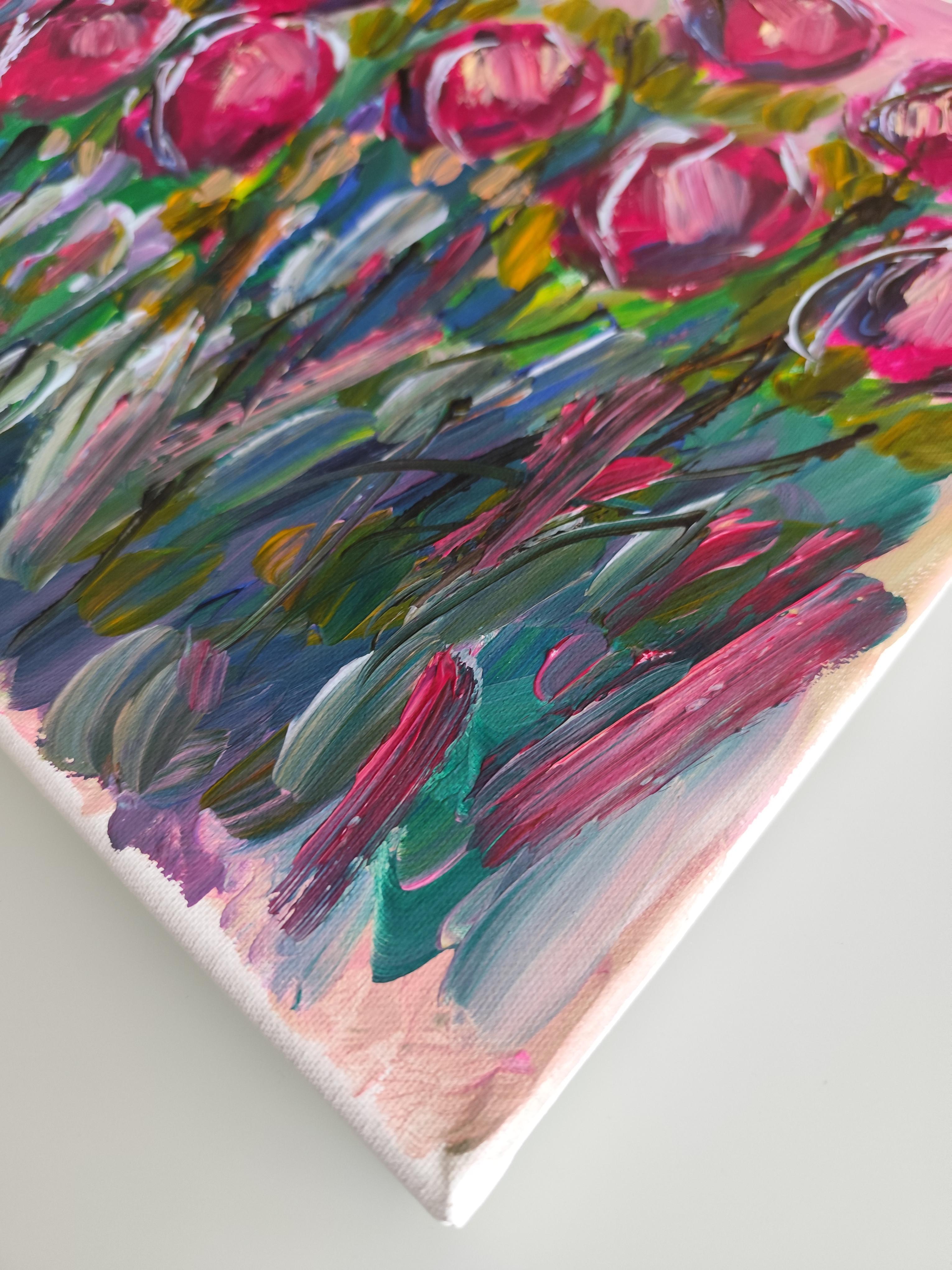 Pintura acrílica floral abstracta contemporánea sobre lienzo 