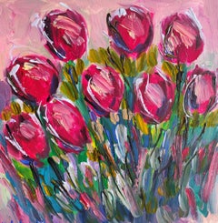 Pintura acrílica floral abstracta contemporánea sobre lienzo "Danza de tulipanes rojos"
