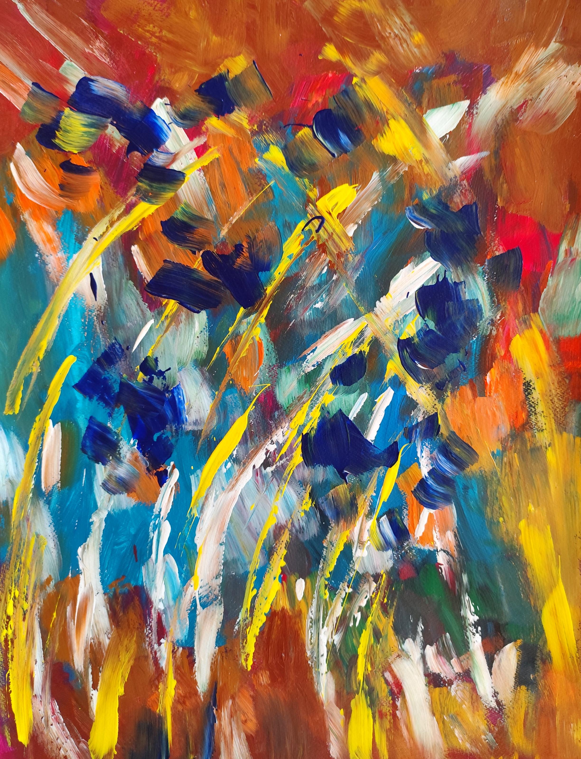 Mougenot Natalya Abstract Painting - Contemporary abstract  floral acrylic painting on paper "Blooming floral beauty"