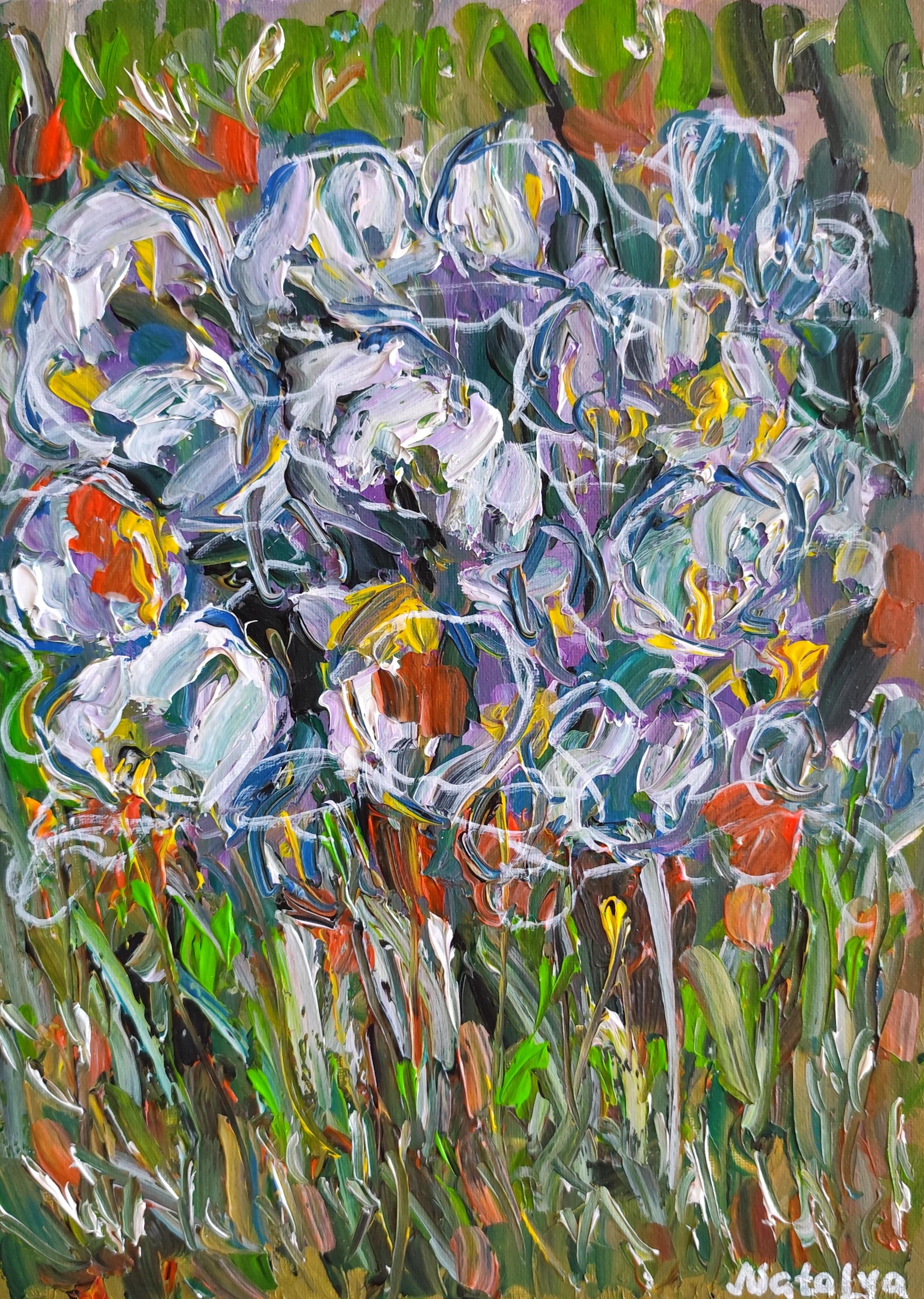 Zeitgenössisches abstraktes Blumengemälde inspiriert von Van Gogh "Unter den Schwertlilien".