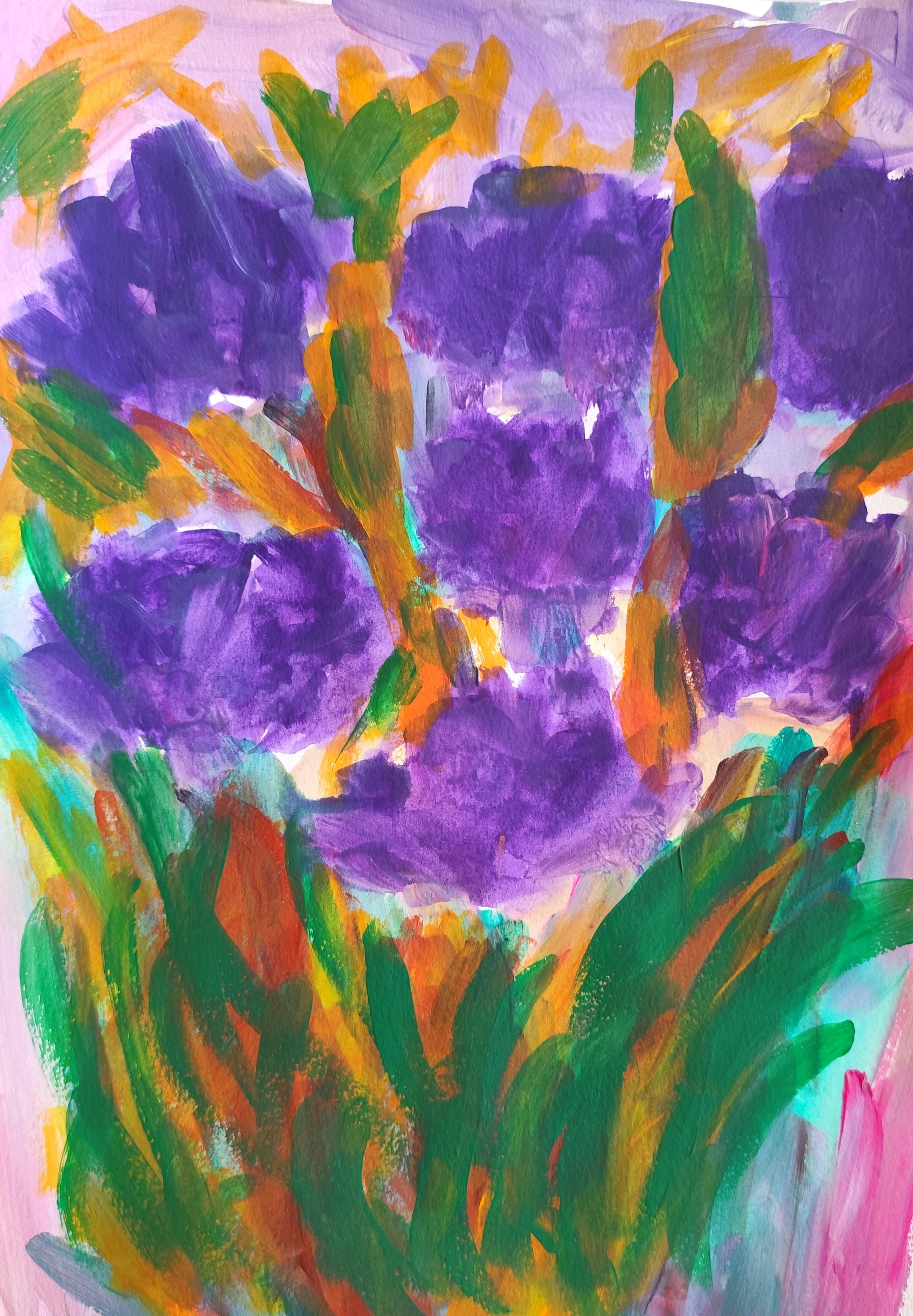 Contemporary abstract floral painting purple flowers on paper "Amethyst dream"