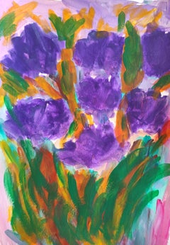 Contemporary abstract floral painting purple flowers on paper "Amethyst dream"