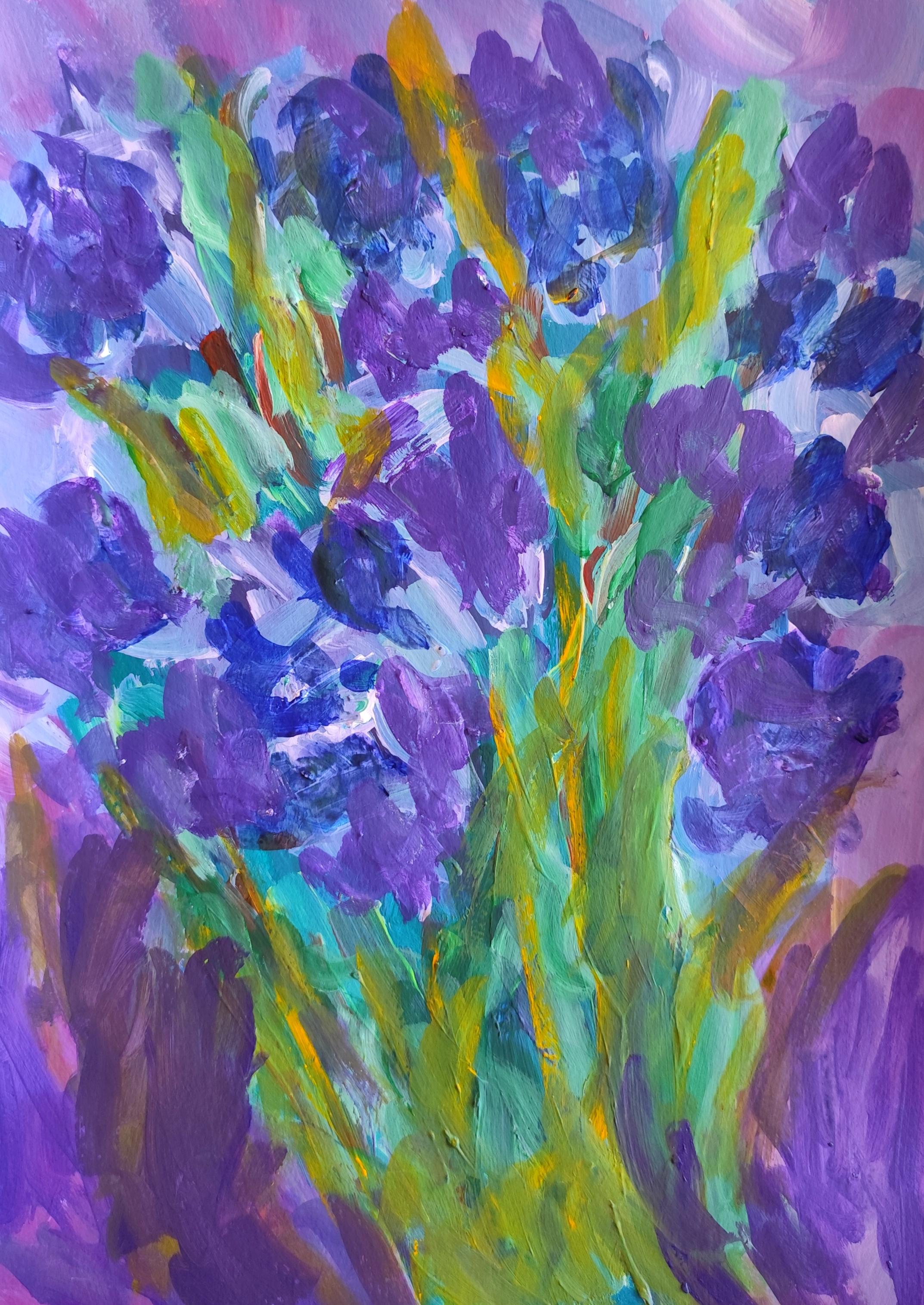Contemporary abstract floral painting purple flowers paper "Blooming in purple"