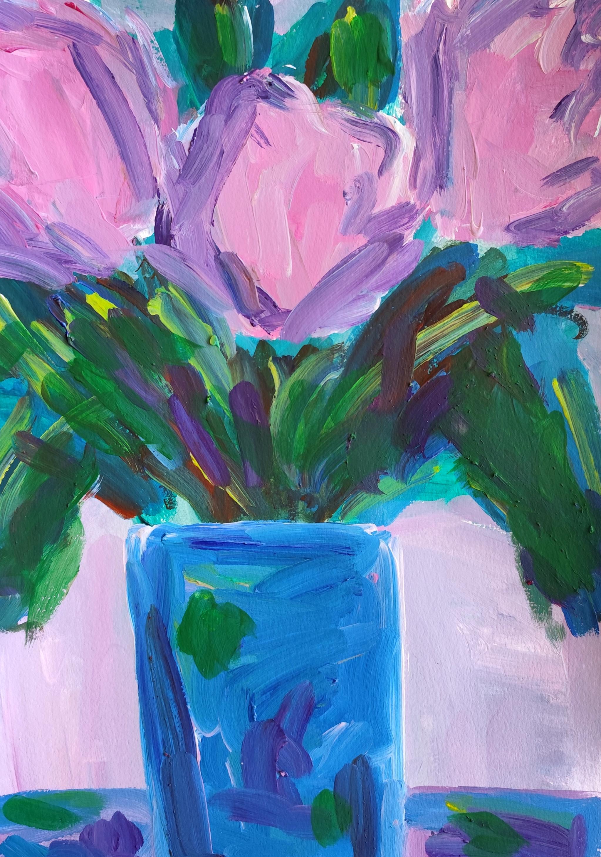 Contemporary abstract floral painting purple flowers paper "Trinity of petals"