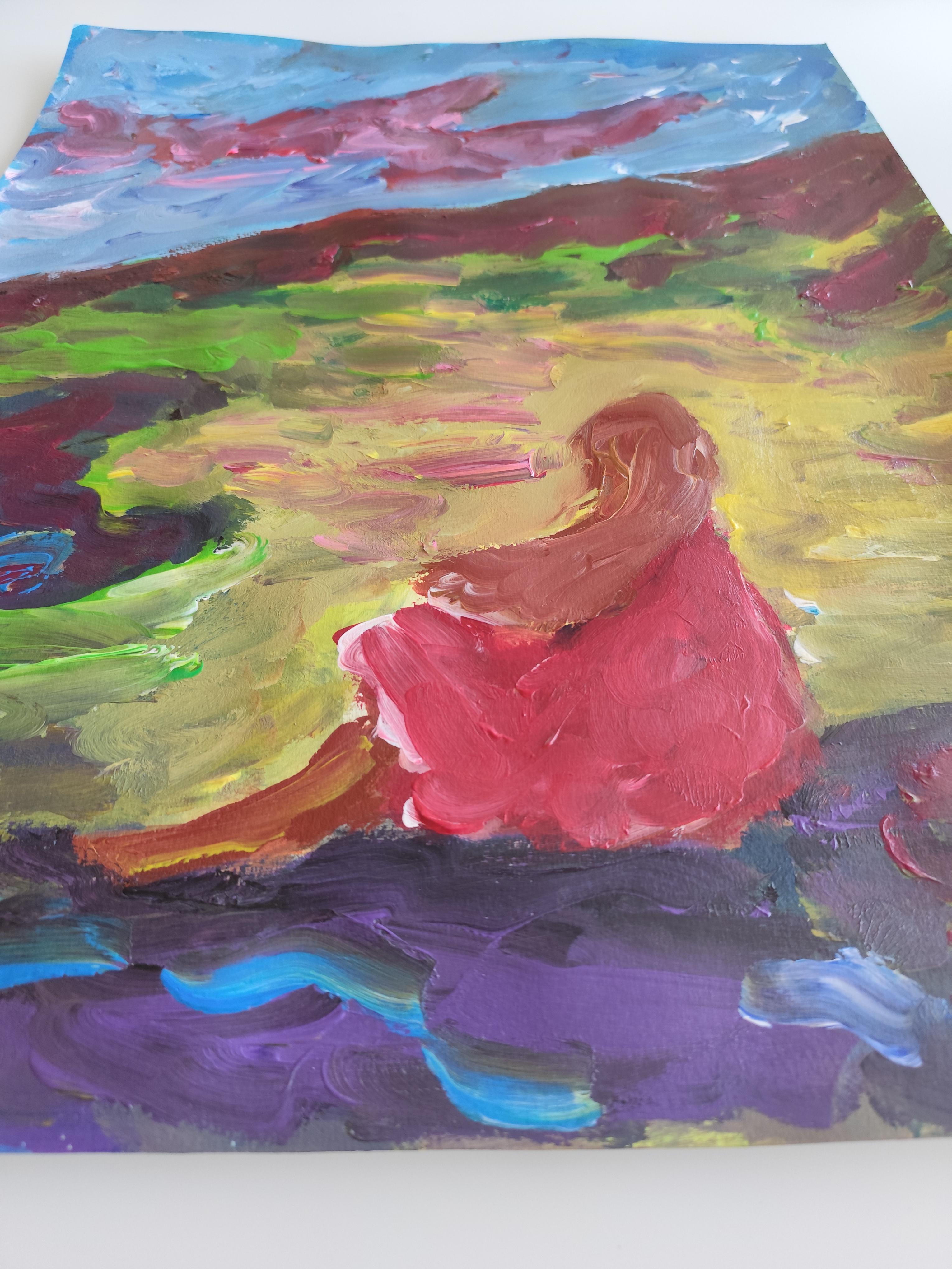 Pintura acrílica impresionista abstracta contemporánea de una mujer sobre papel en venta 12