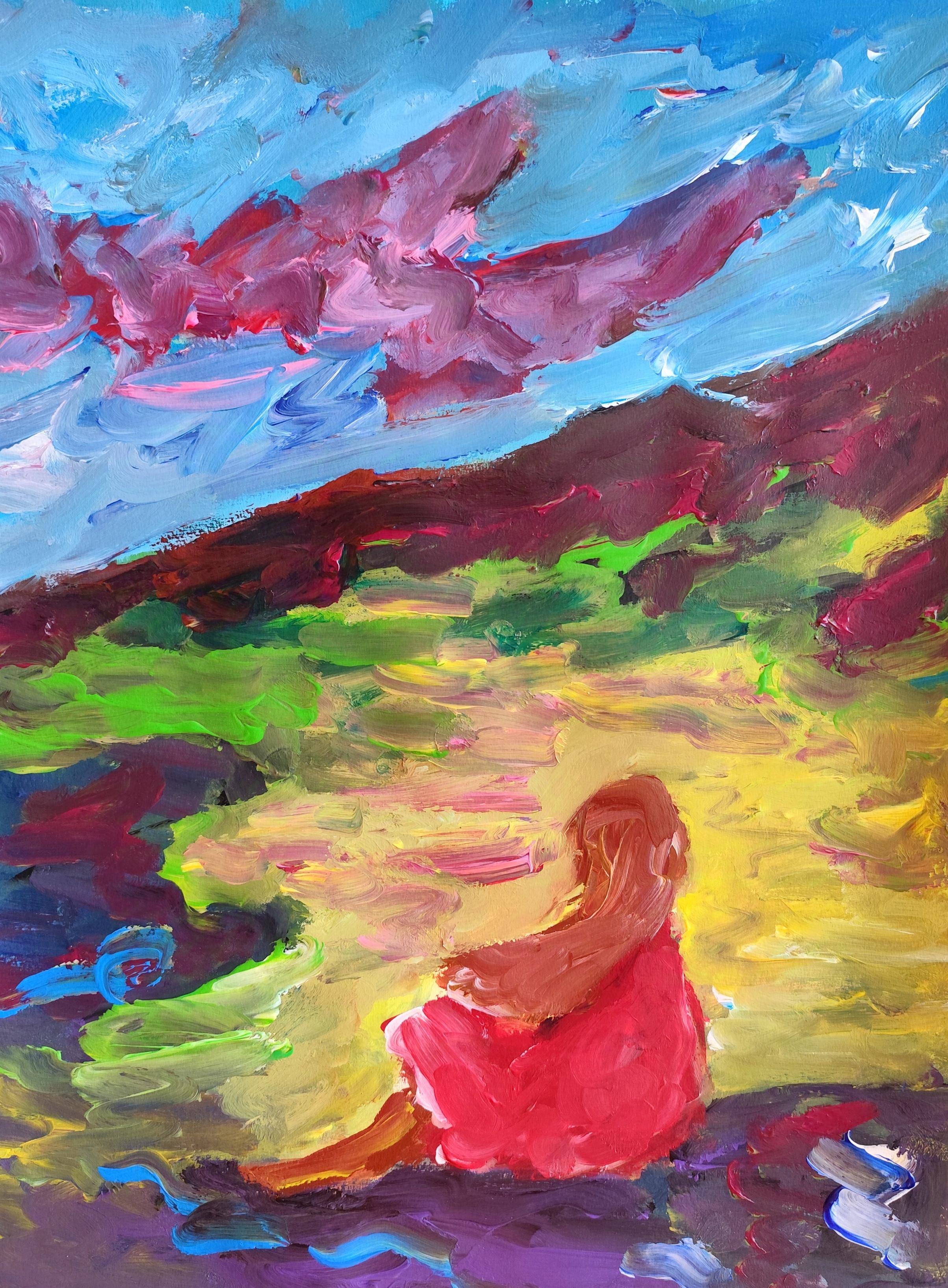 Figurative Painting de Mougenot Natalya - Pintura acrílica impresionista abstracta contemporánea de una mujer sobre papel