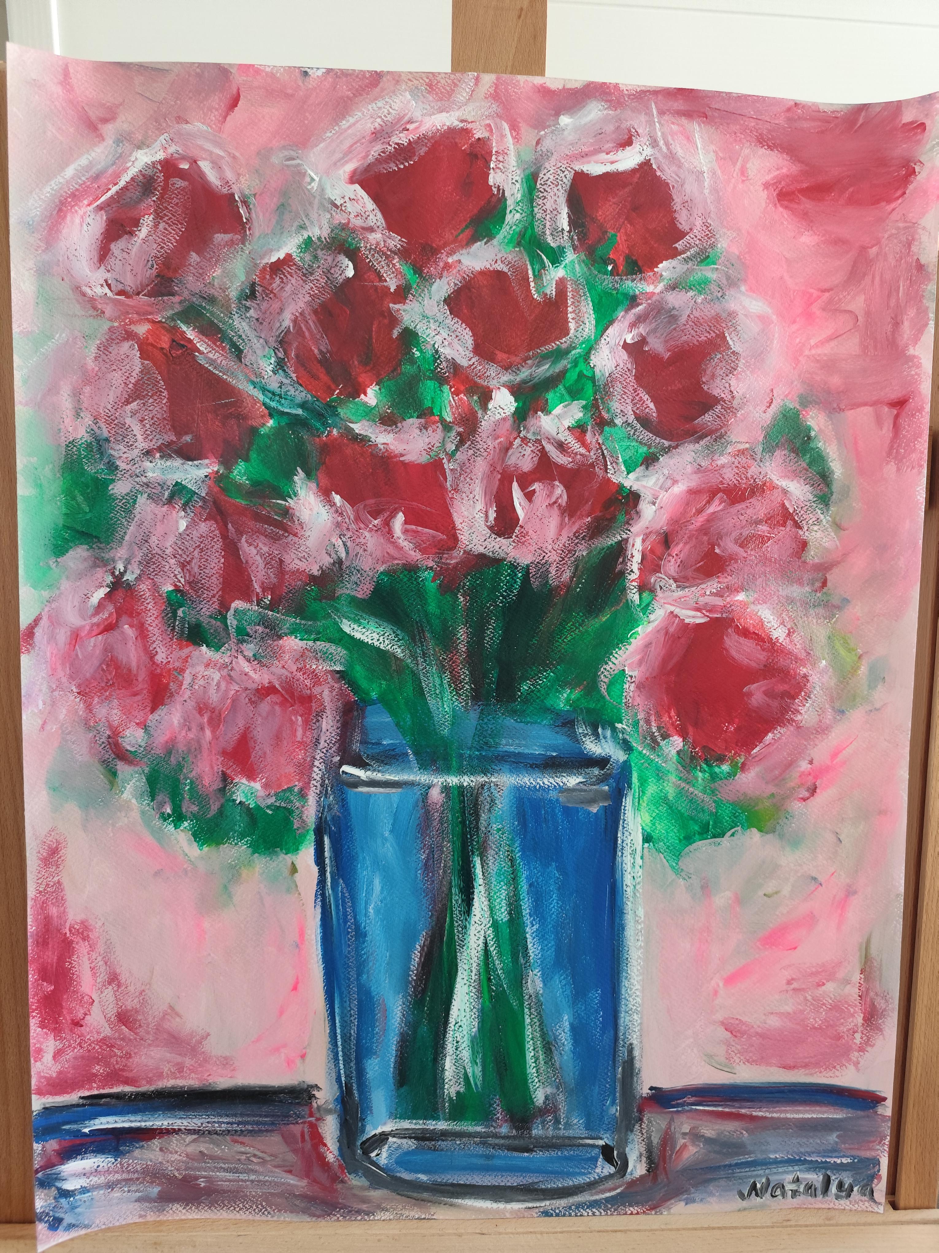 Zeitgenössische abstrakte Impressionist Blumenstrauß von Rosen Malerei 