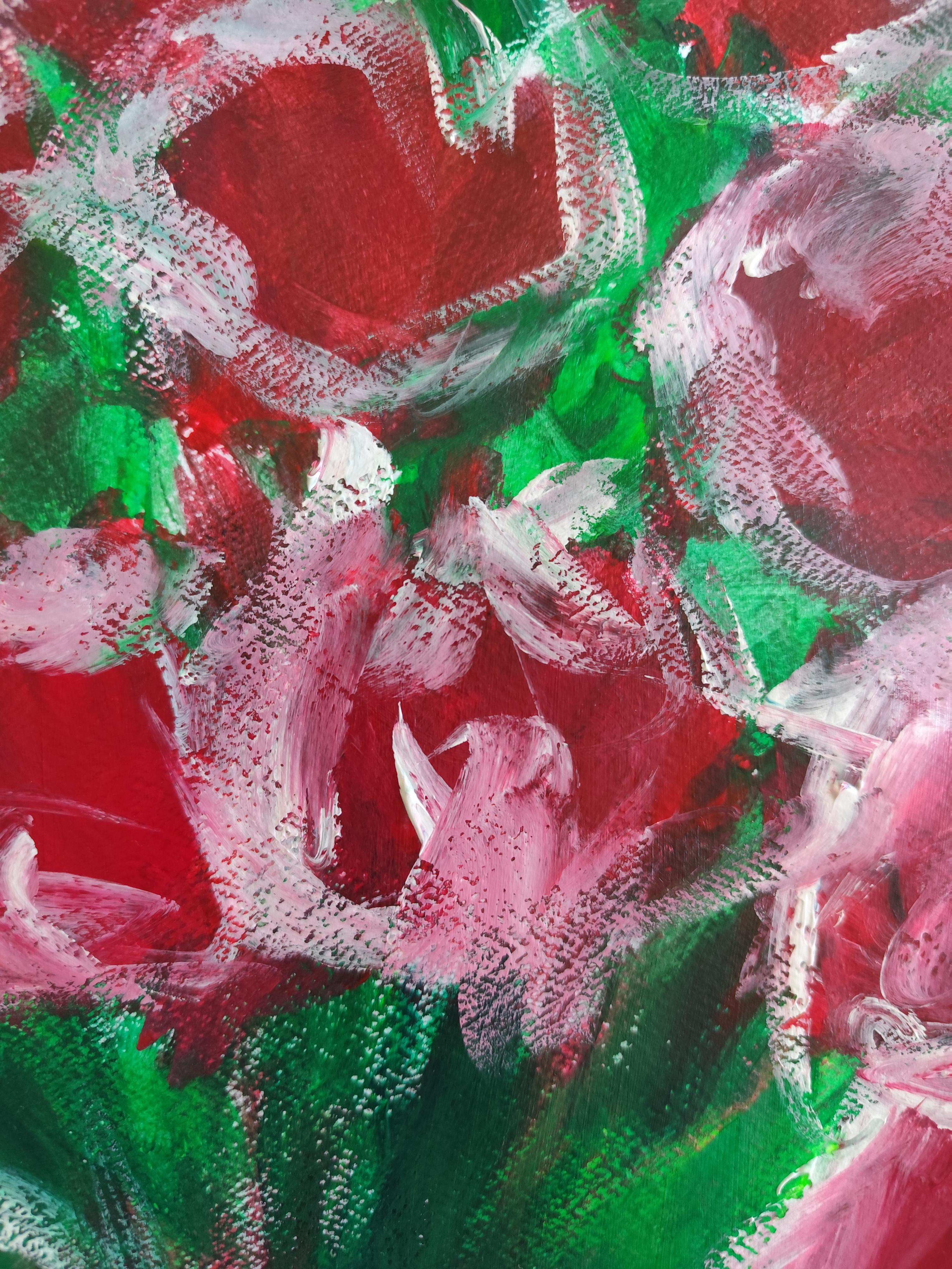 Zeitgenössische abstrakte Impressionist Blumenstrauß von Rosen Malerei 