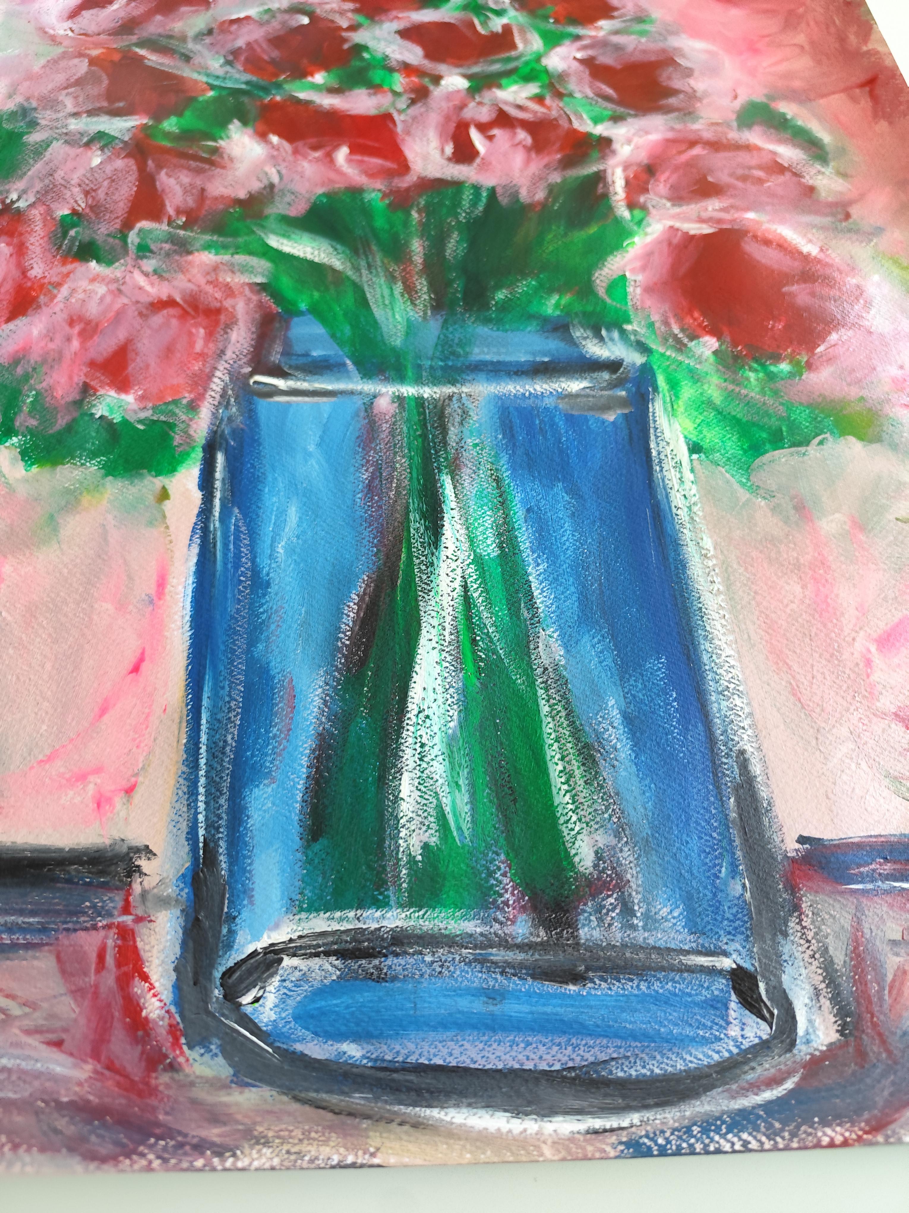 Zeitgenössische abstrakte Impressionist Blumenstrauß von Rosen Malerei 