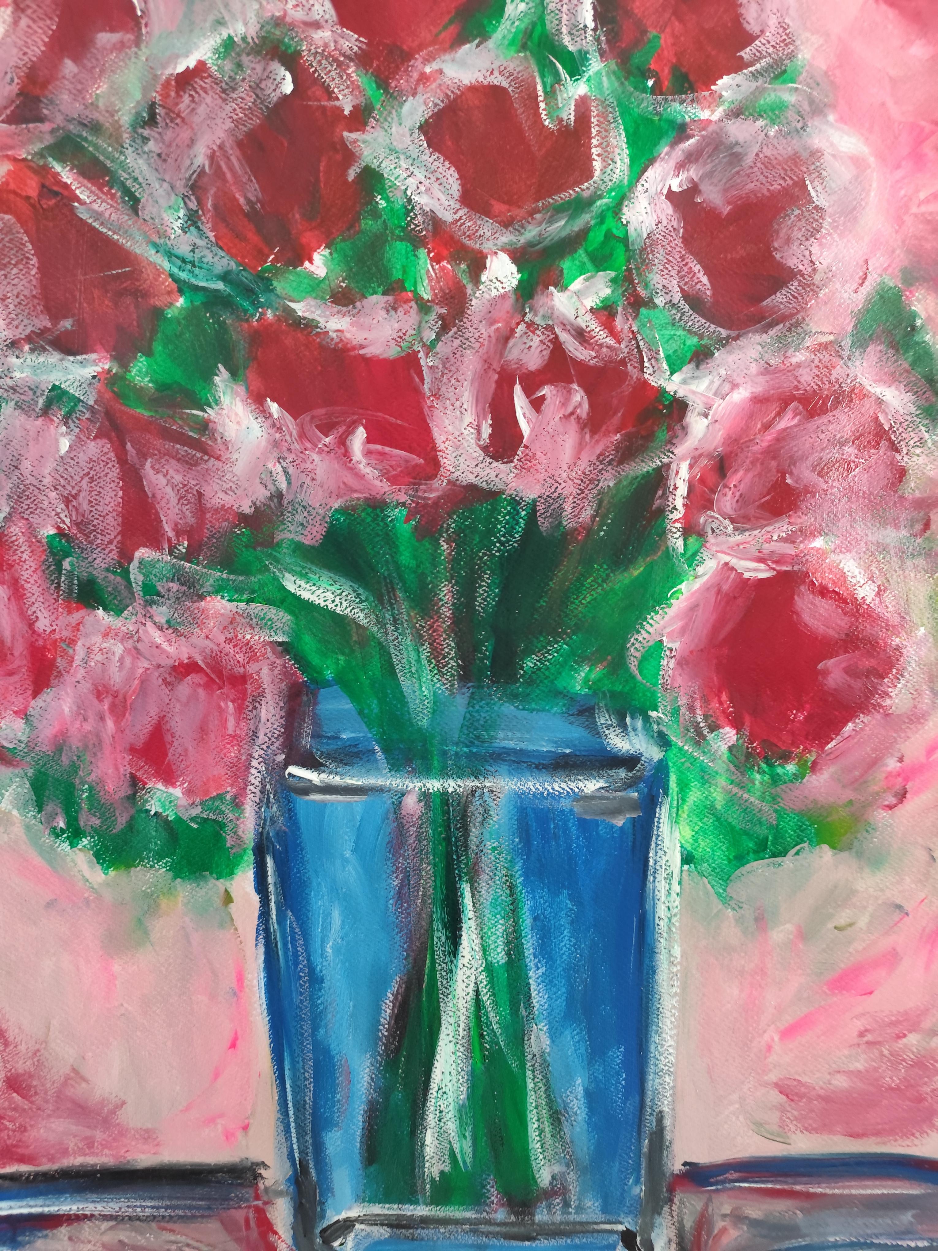 Zeitgenössische abstrakte Impressionist Blumenstrauß von Rosen Malerei 