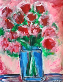 Zeitgenössische abstrakte Impressionist Blumenstrauß von Rosen Malerei "Rote Blüte"