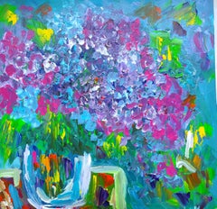 "Early Blooming Lilacs" Acrylic Painting, Contemporary Impressionist Impasto