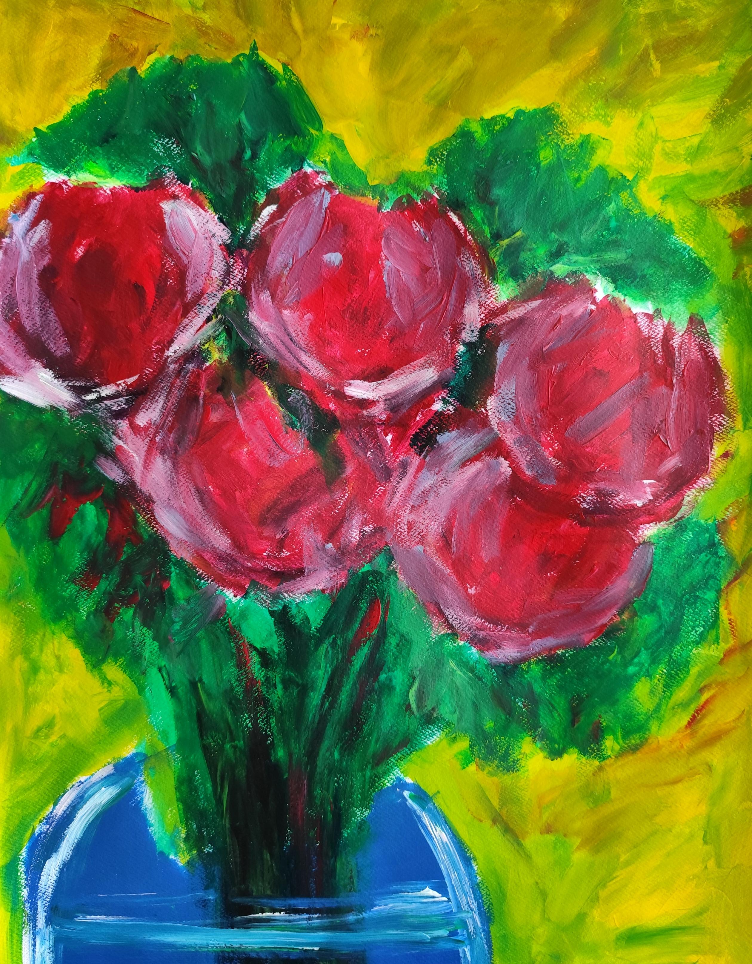 Zeitgenössische abstrakte impressionistische Blumenmalerei "Fünf Rosen der Leidenschaft"