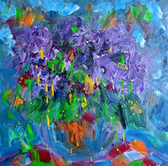 "Lilac Flowers in a Vase", Floral Impressionist Acrylic painting on canvas