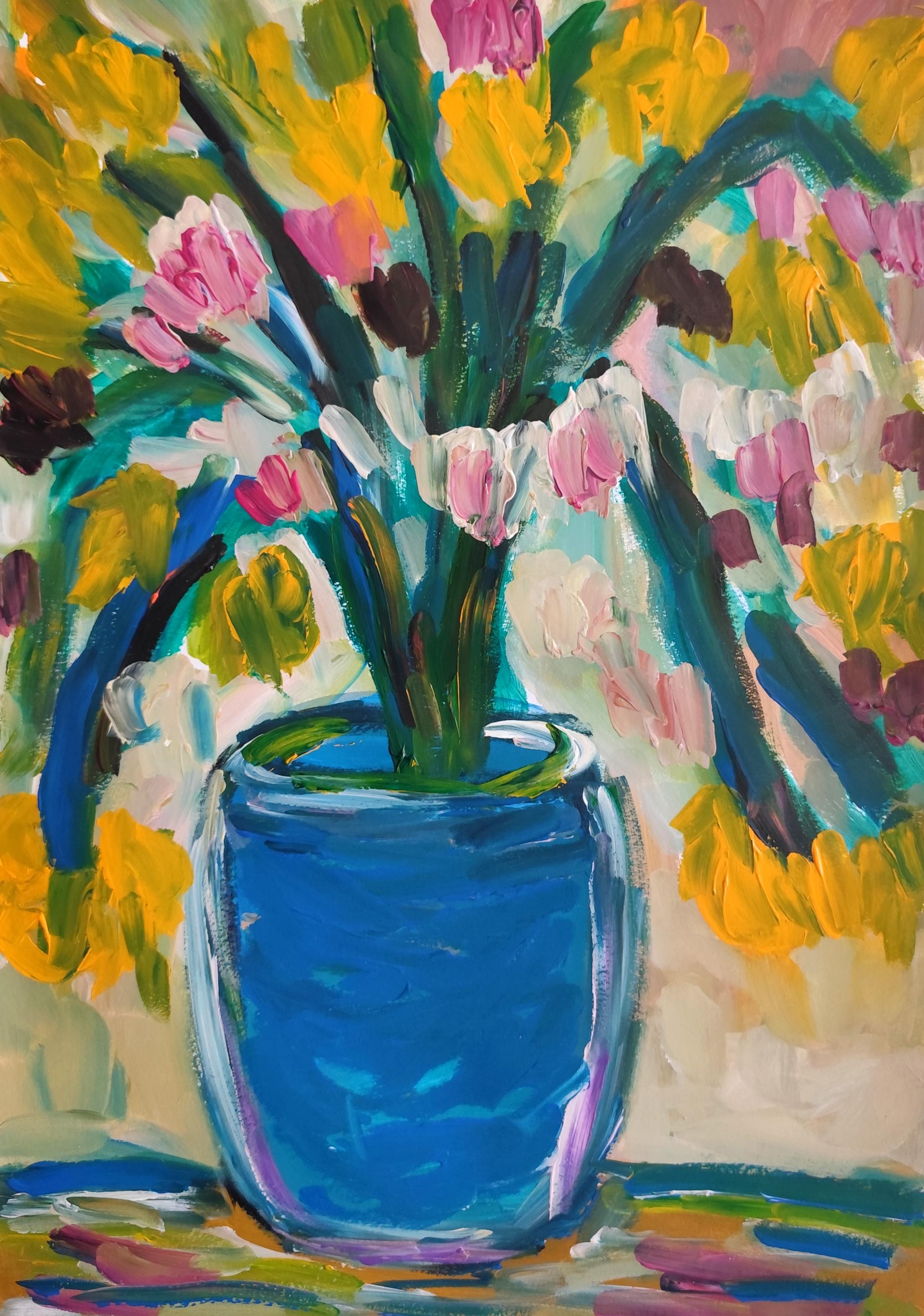 Mougenot Natalya Still-Life Painting - Contemporary abstract impressionist floral painting on paper "In bloom"