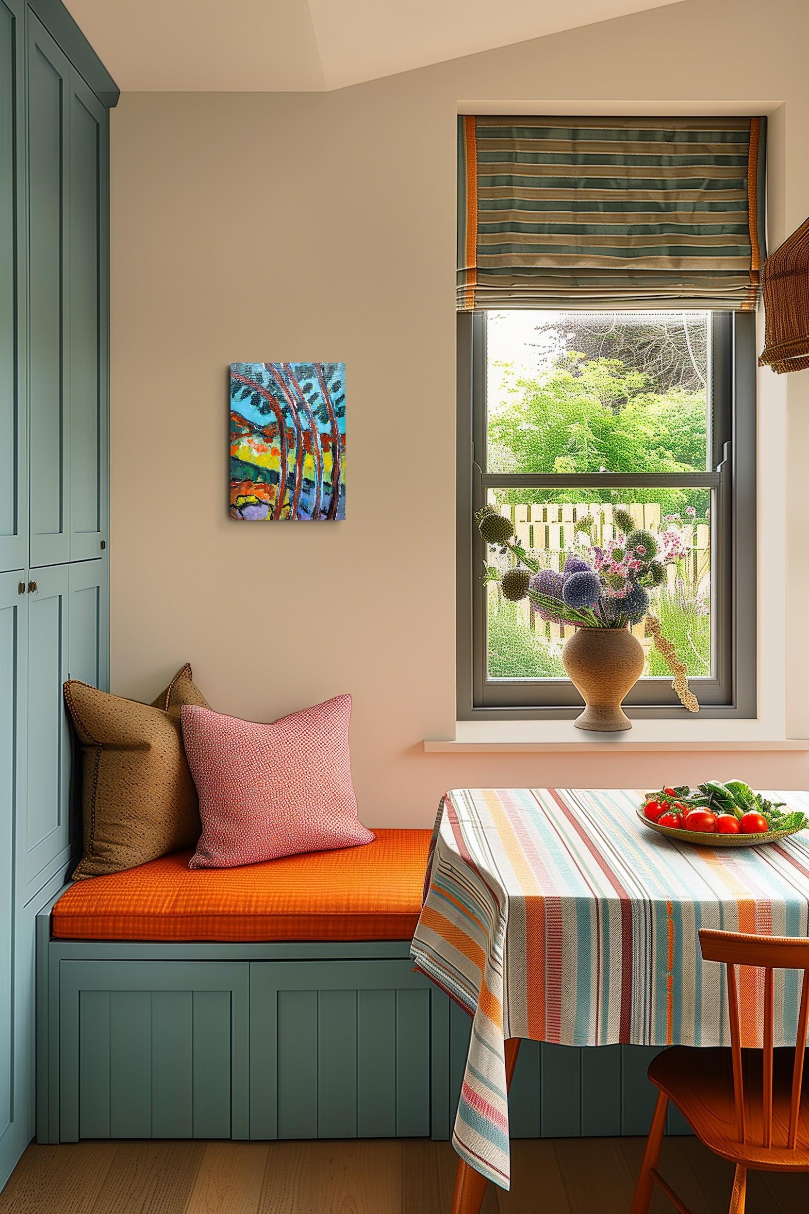 “Nature’s Summer” is a vibrant celebration of movement, warmth, and color — a landscape that seems to pulse with the energy of a Provençal afternoon. The painting is built around the elegant curve of tall trees, their trunks swaying like dancers