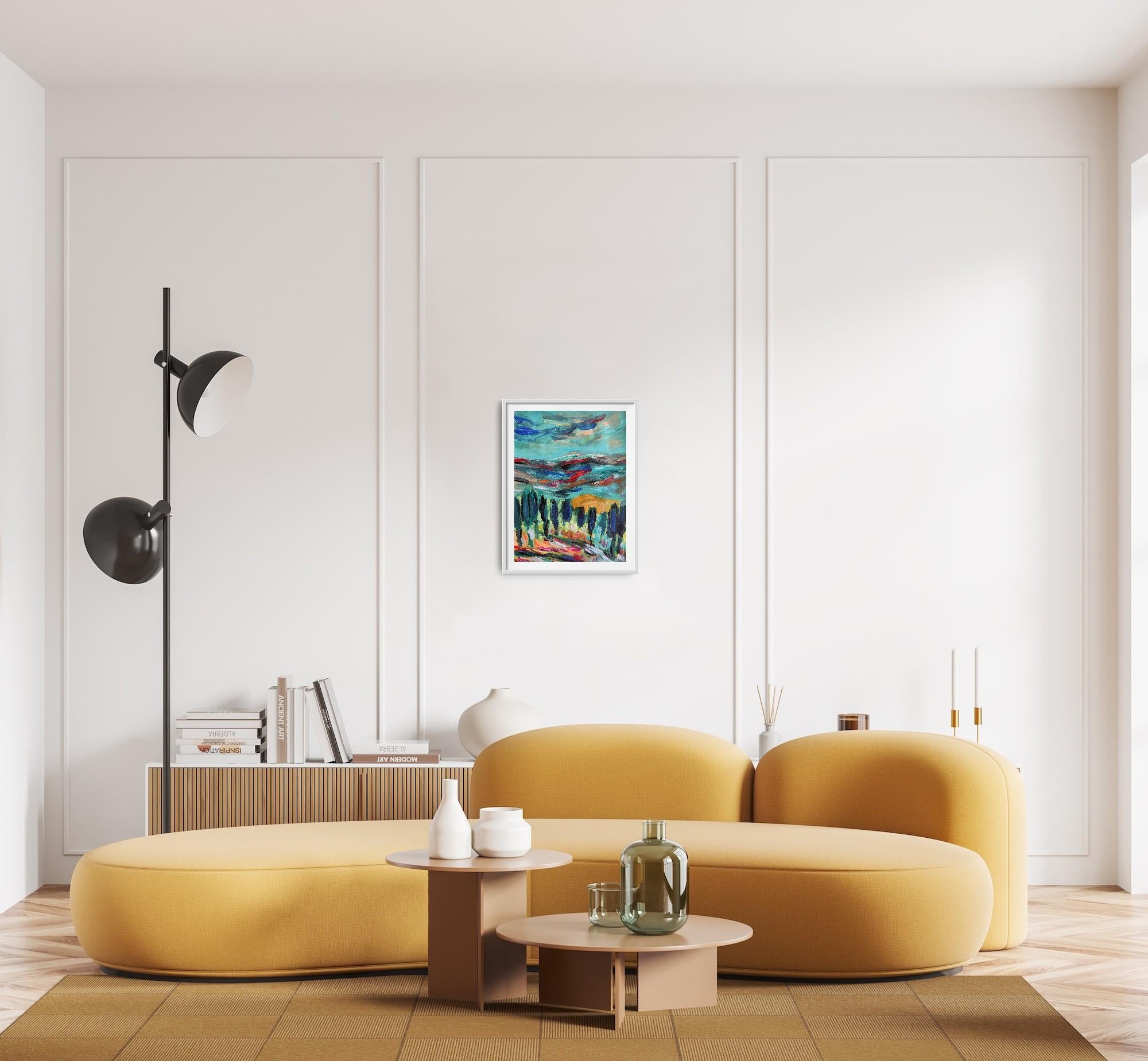 This abstract expressionist landscape painting was created by french artist Natalya Mougenot. 

