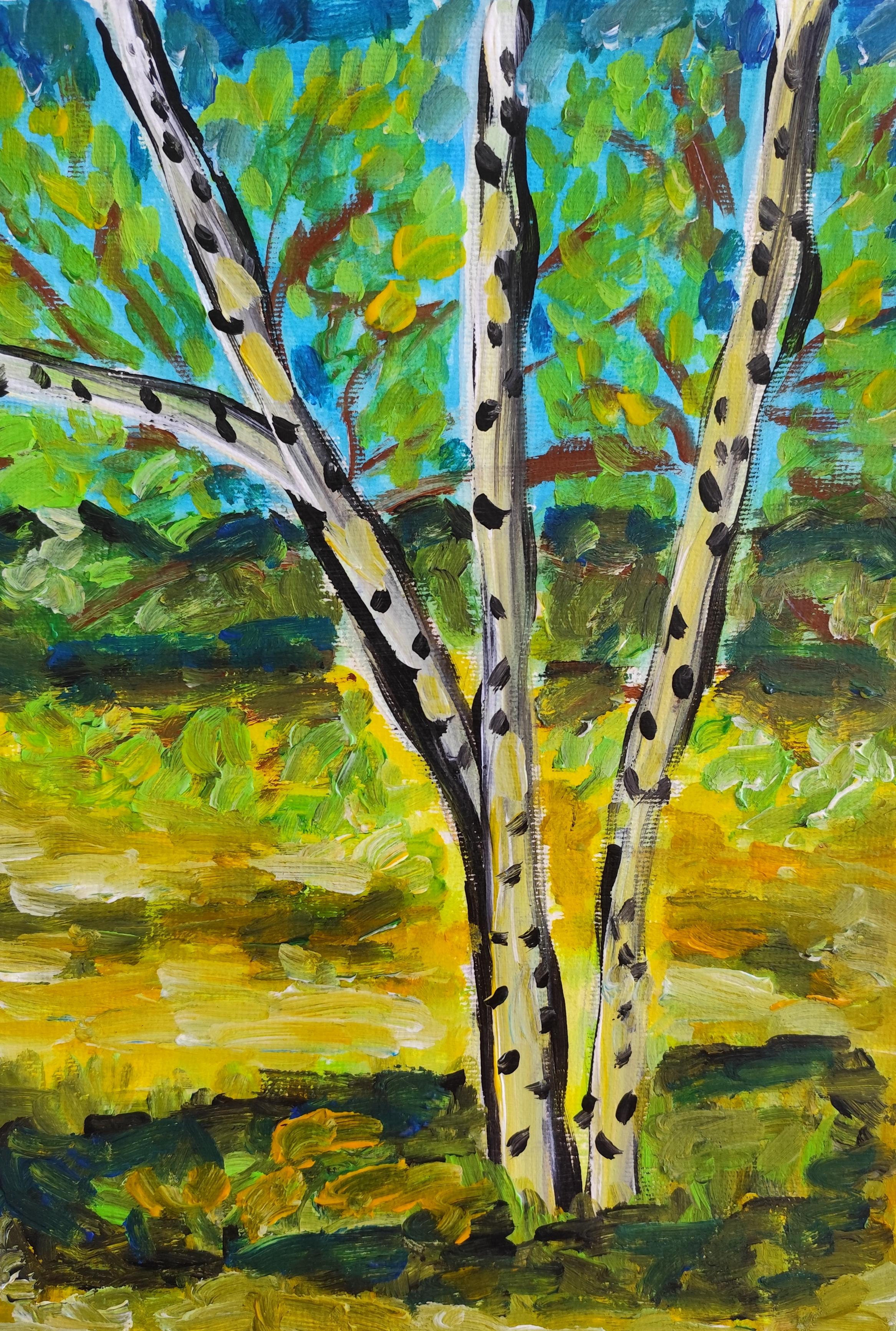 Contemporary abstract Impressionist nature acrylic painting "Summer birches"