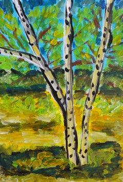 Quadro acrilico astratto contemporaneo di natura impressionista "Betulle d'estate".