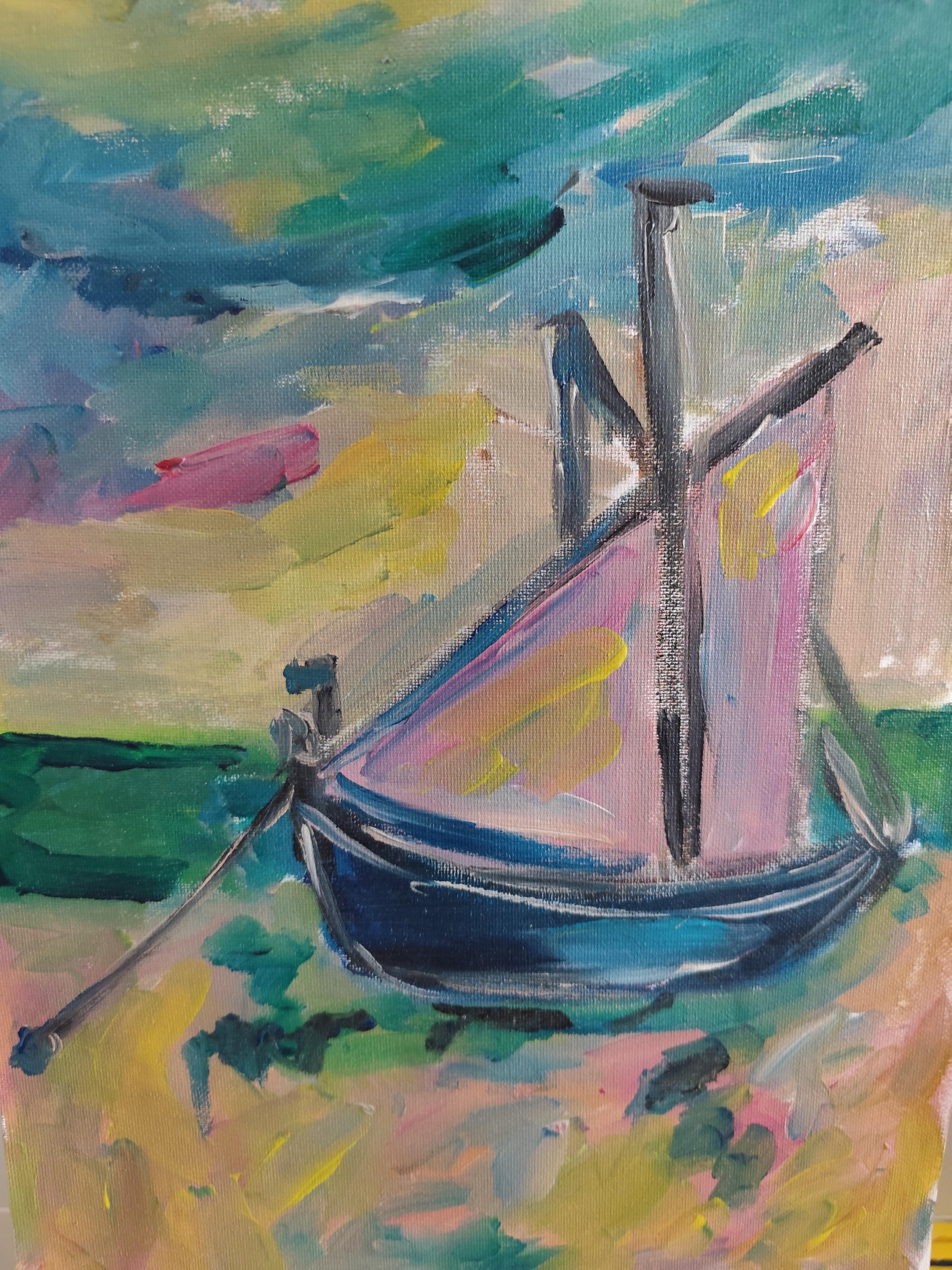 Contemporary abstract Impressionist nature painting boat beach 