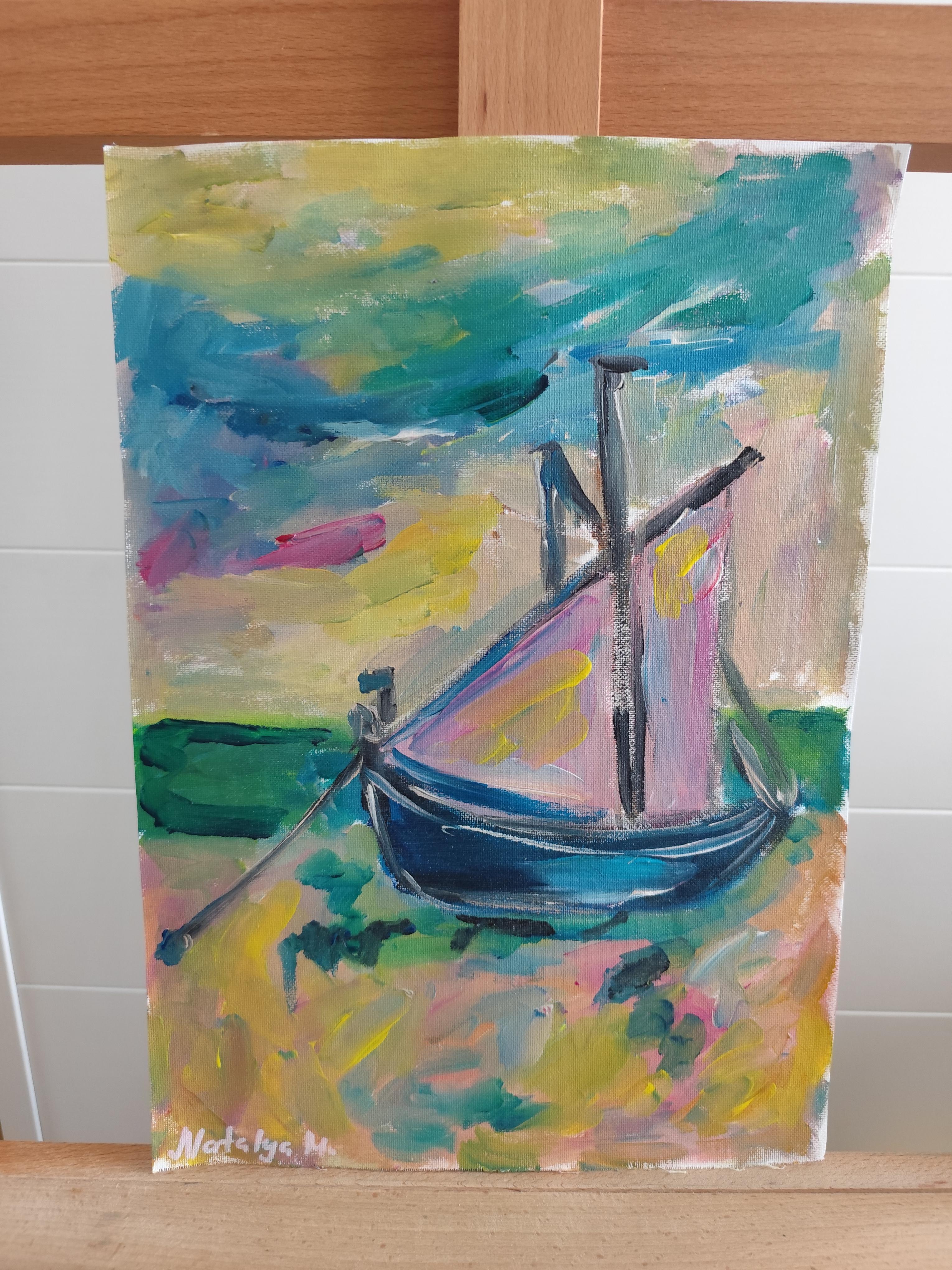 Contemporary abstract Impressionist nature painting boat beach 