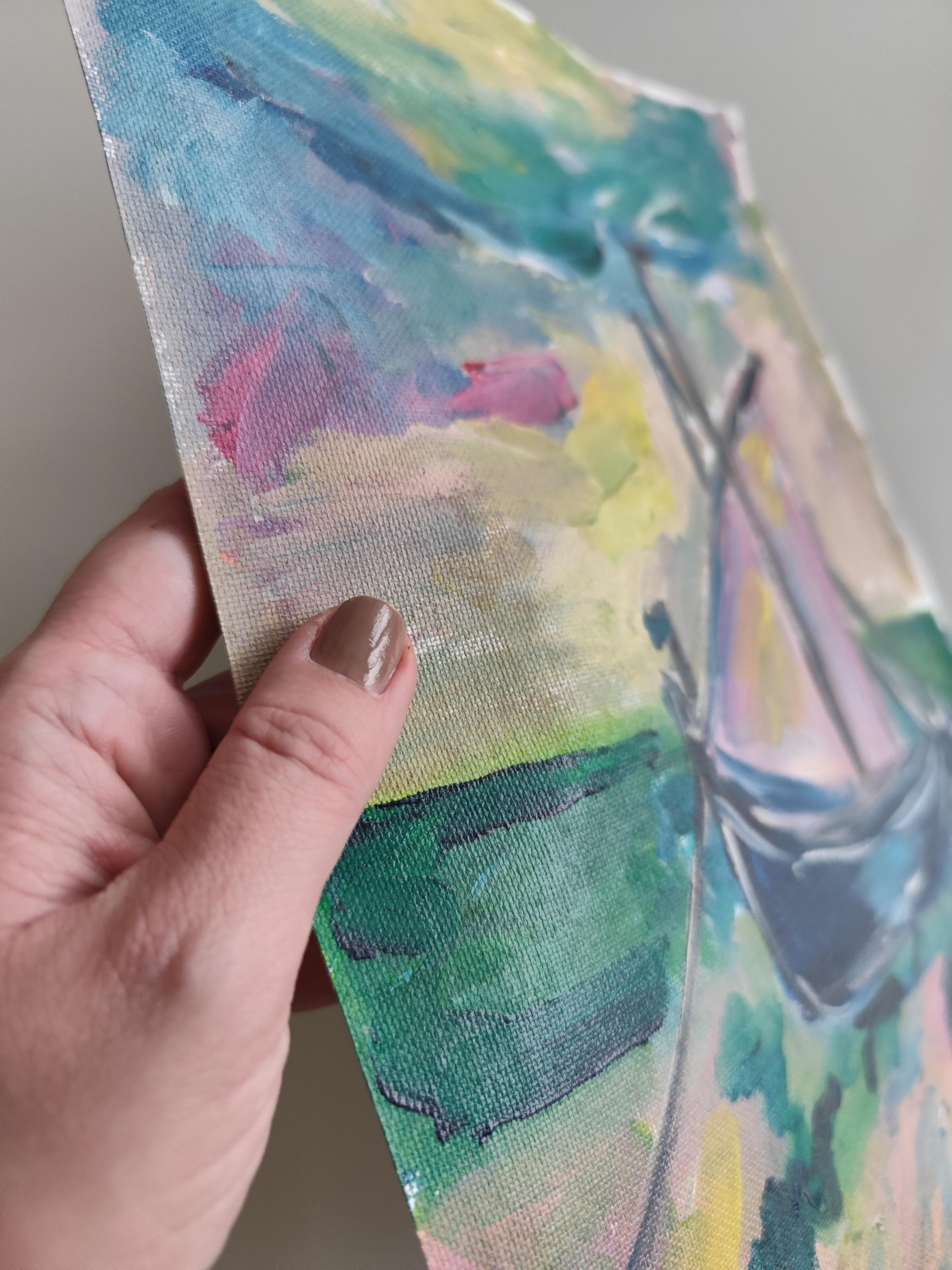 Contemporary abstract Impressionist nature painting boat beach 